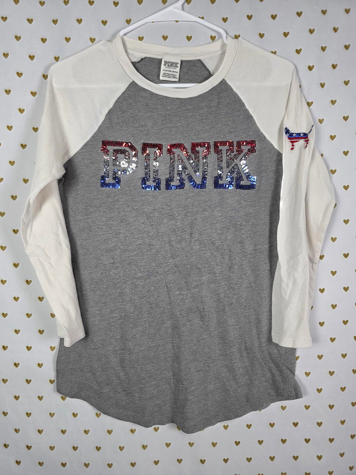 Victorias Secret PINK USA DOG LOGO BLING SEQUINED Tee Raglan Shirt XS