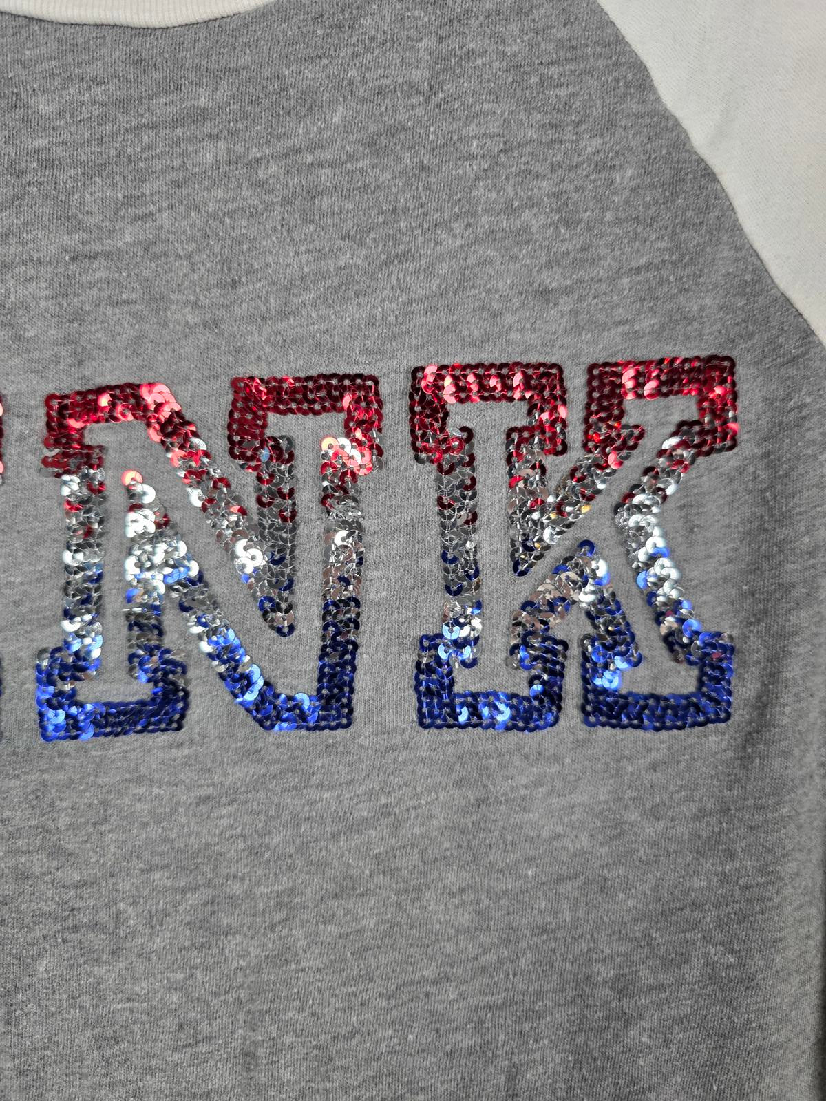 Victorias Secret PINK USA DOG LOGO BLING SEQUINED Tee Raglan Shirt XS