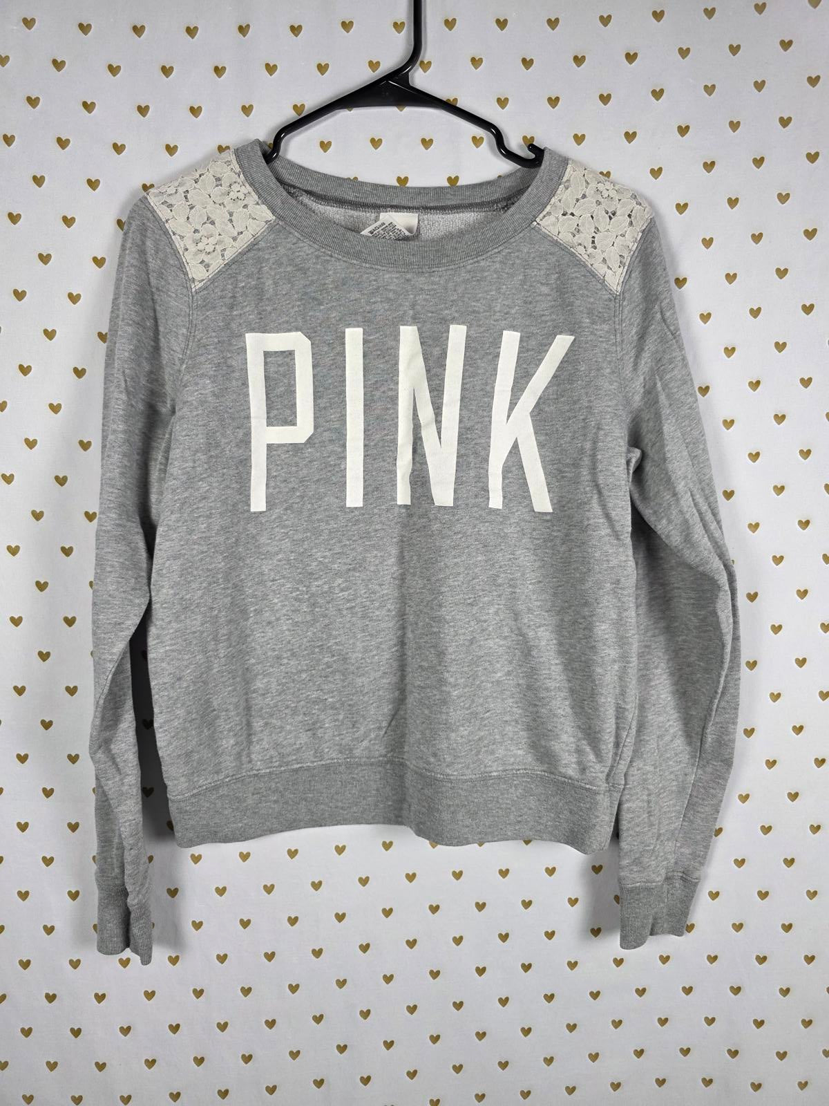 Victorias Secret Pink Lace accent Logo grey sweater Shirt XS