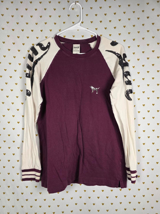 Victorias Secret PINK BING raglan Long Sleeve Sequined Logo Tee Shirt Small