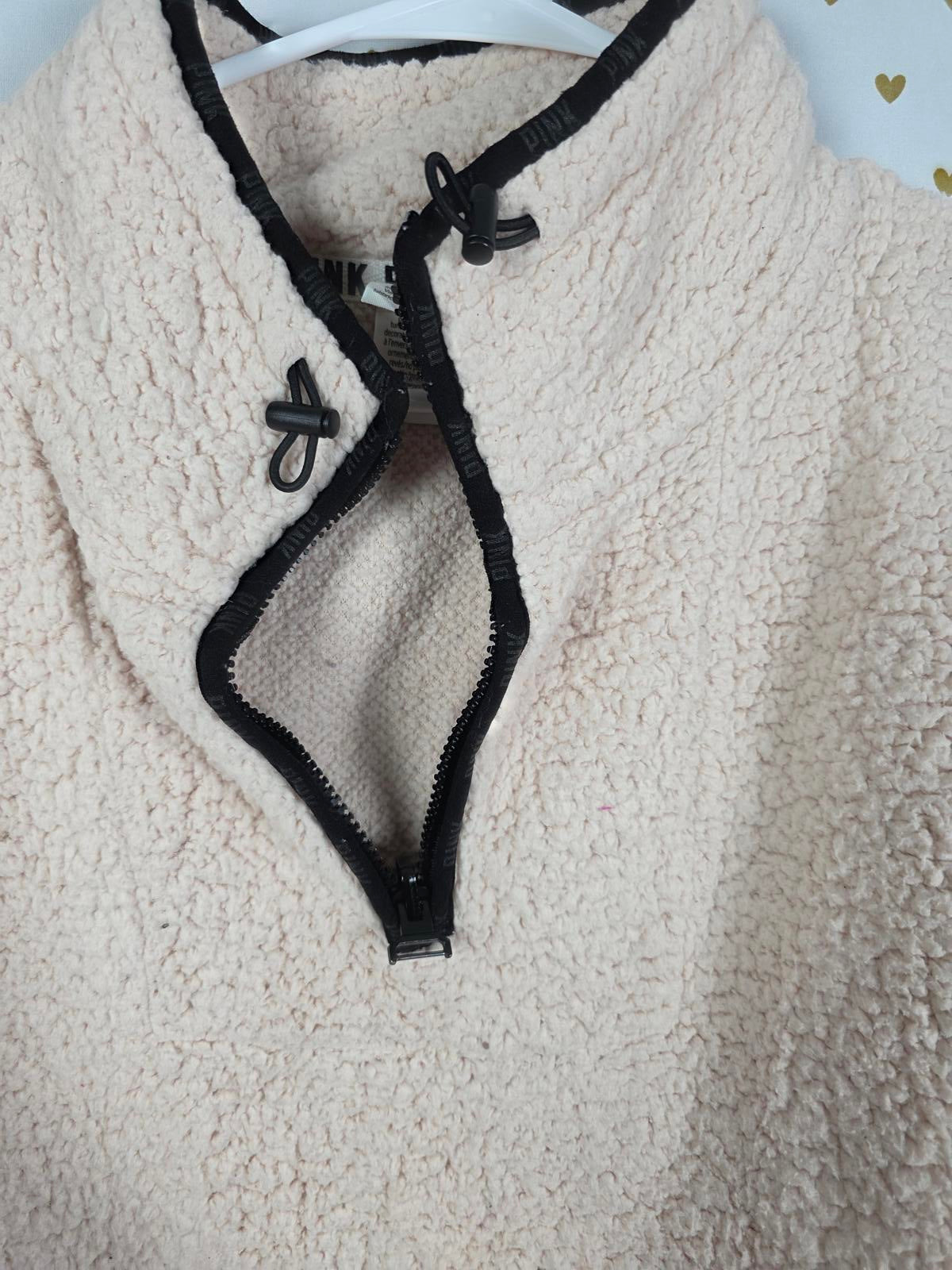 Victorias Secret Pink Quarter Zip Pullover Fleece Sweater Jacket LARGE Cream