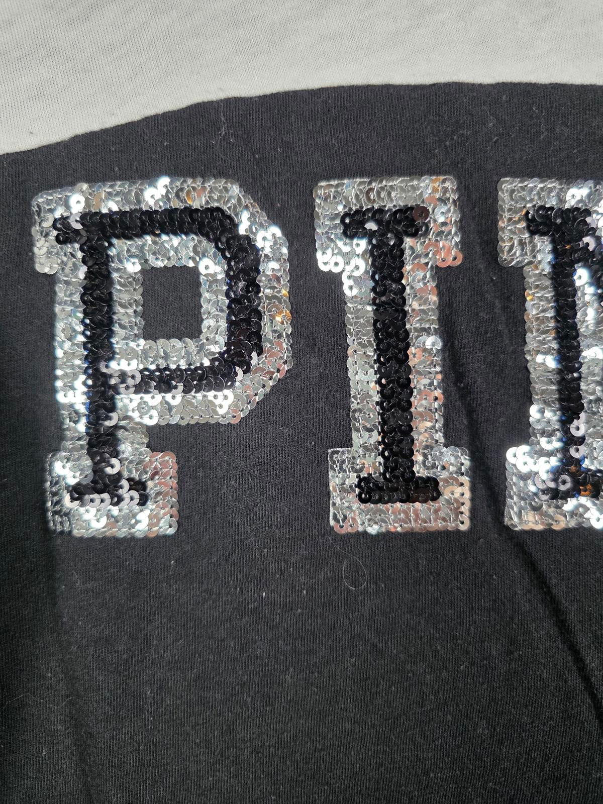 Victorias Secret PINK Colorblock BLING Silver Sequined Logo Tee Shirt SMALL