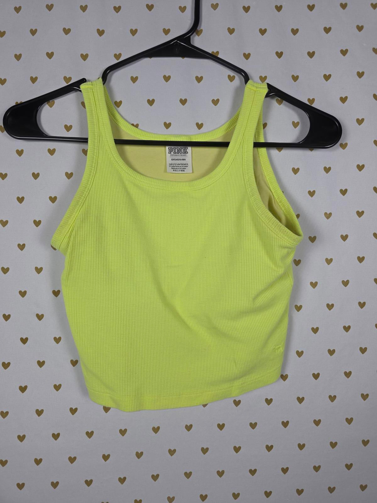 Victorias Secret PINK Textured Neon Yellow Tank Top Cropped Shelf Bra SMALL