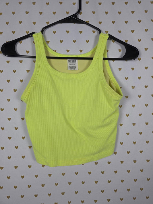 Victorias Secret PINK Textured Neon Yellow Tank Top Cropped Shelf Bra SMALL