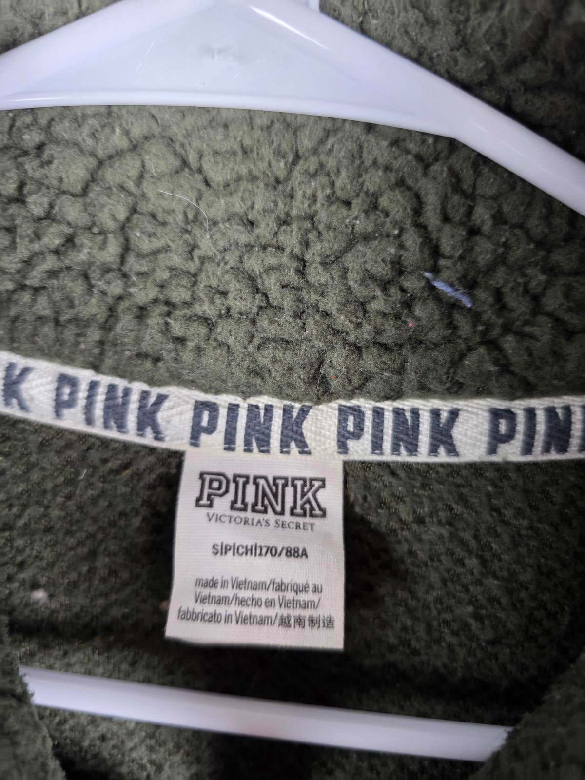 Victorias Secret Pink Green Quarter Zip Fido Dog Logo sweater jacket Fuzzy SMALL