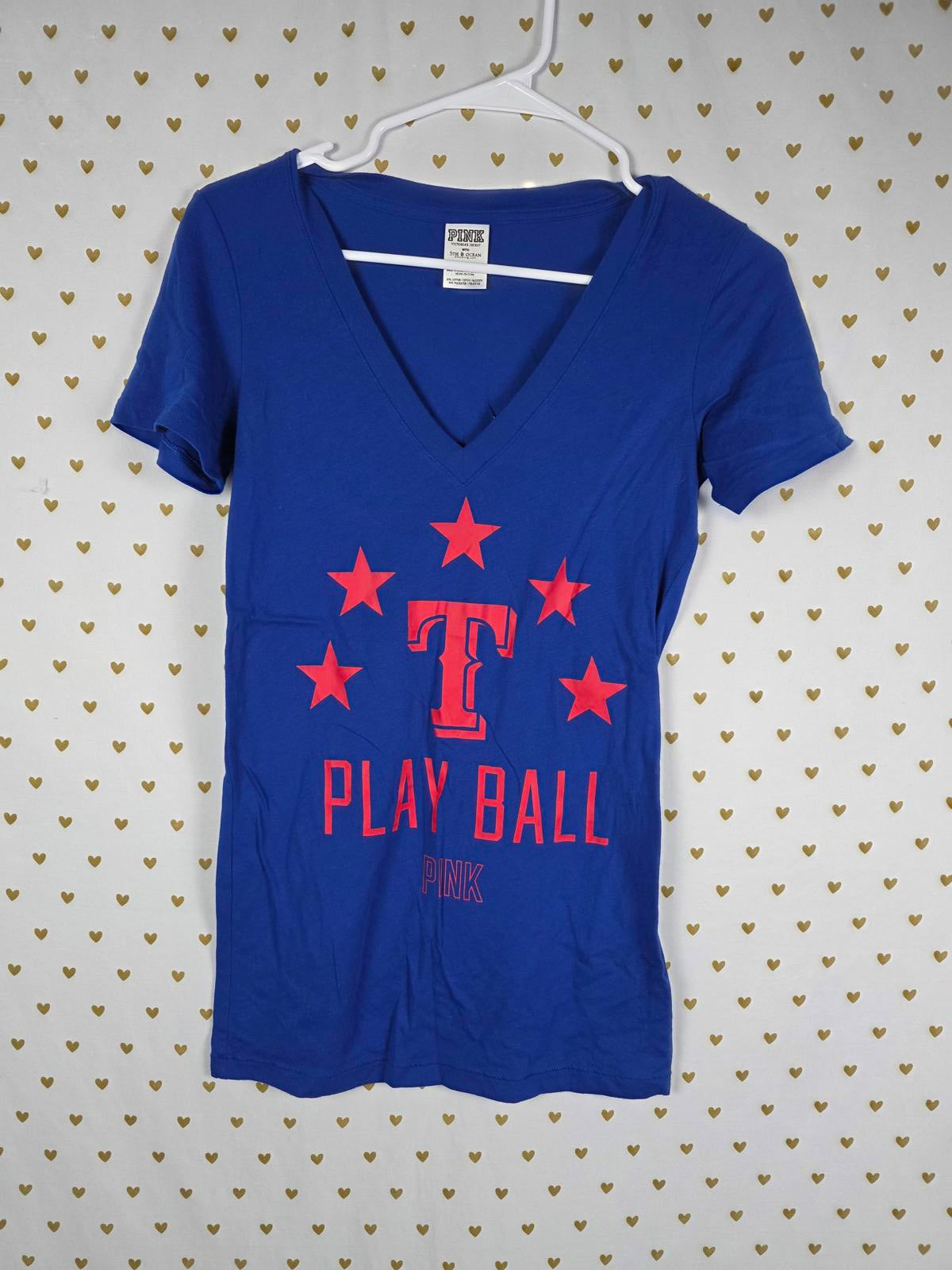 Victorias Secret PINK V neck blue Texas Rangers MLB tee shirt SMALL