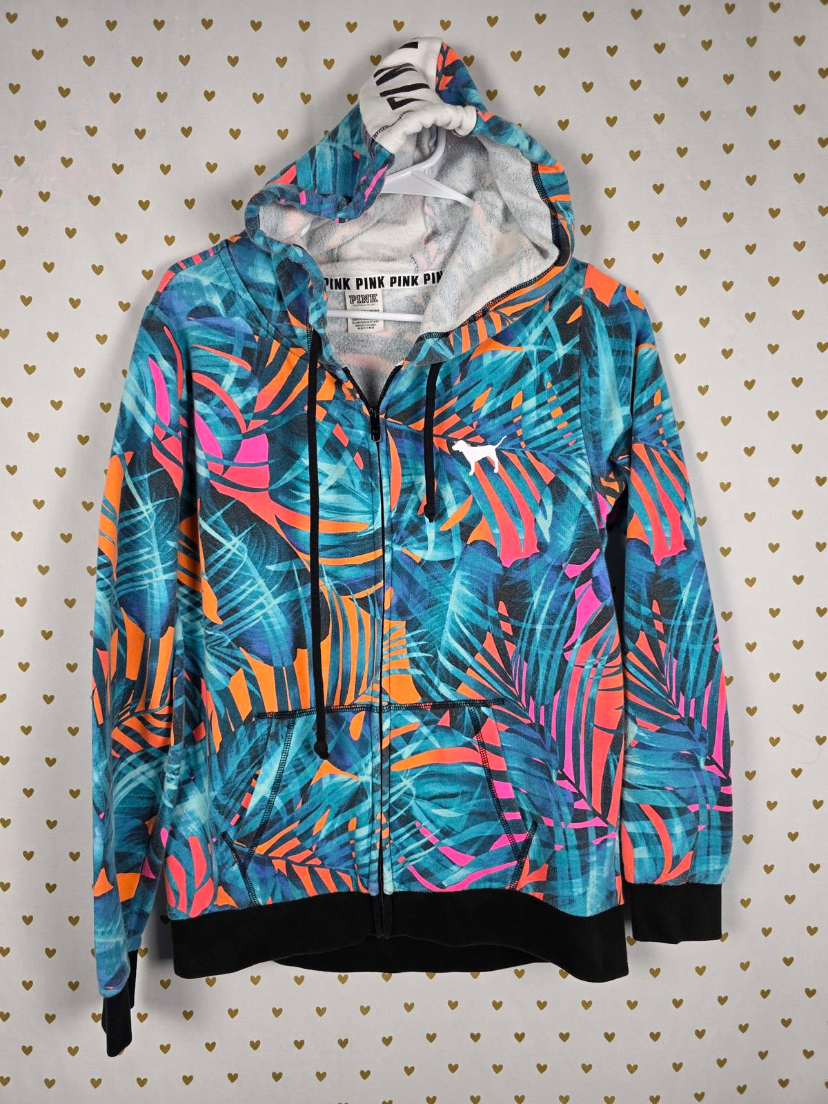 Victorias Secret Pink Neon RARE Floral Full Zip Jacket XS Oversized Hoodie