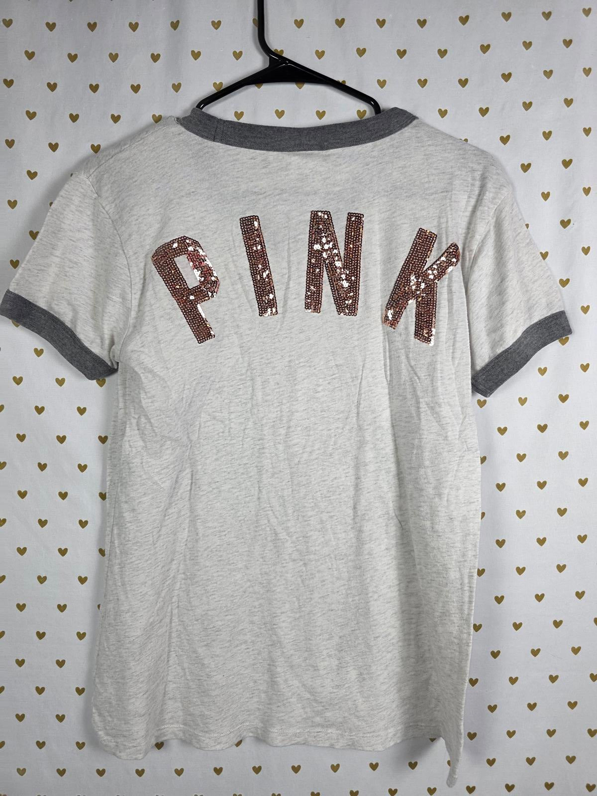 Victorias Secret PINK GOLD BLING sequined RINGER tee shirt SMALL