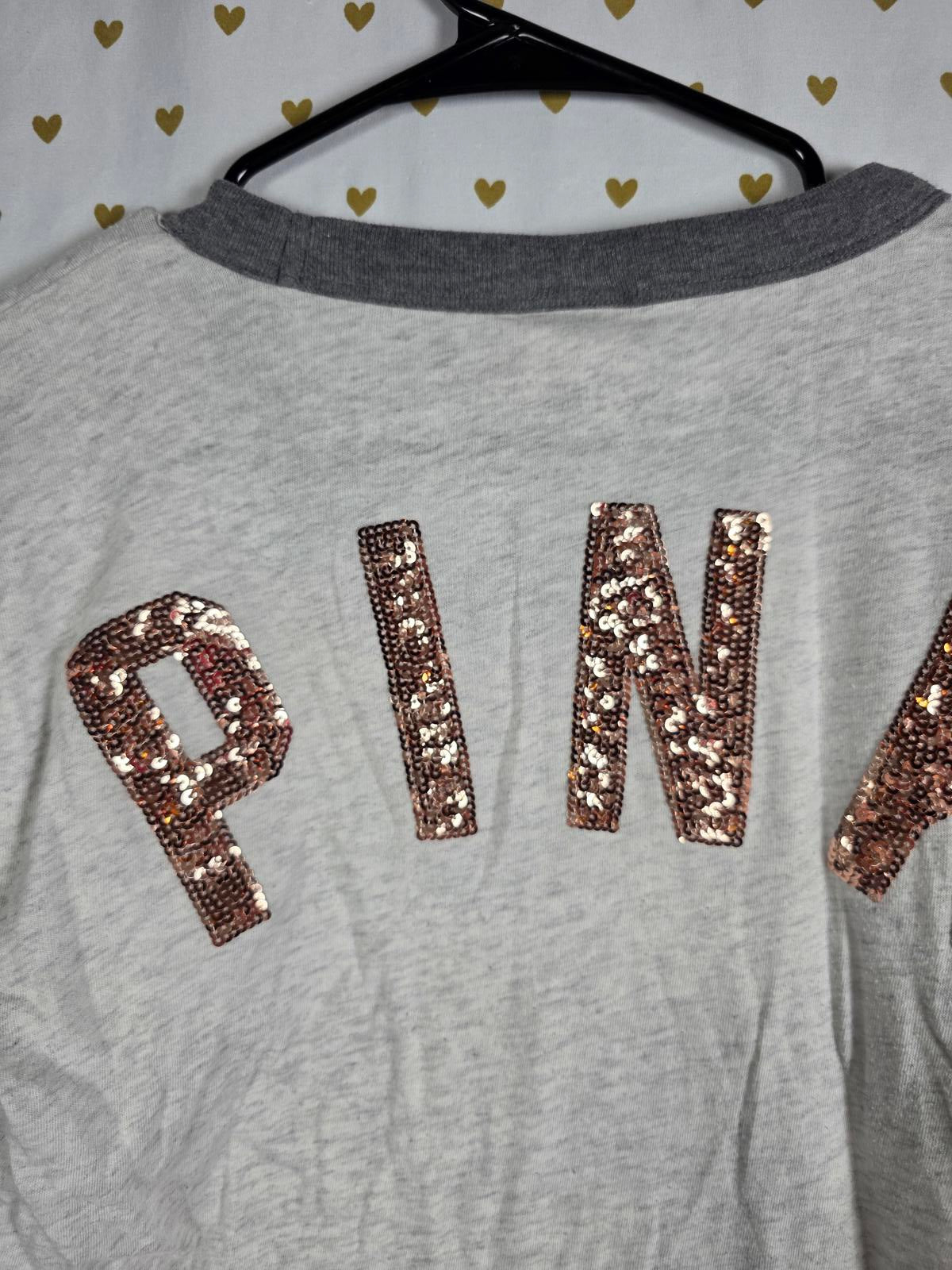 Victorias Secret PINK GOLD BLING sequined RINGER tee shirt SMALL