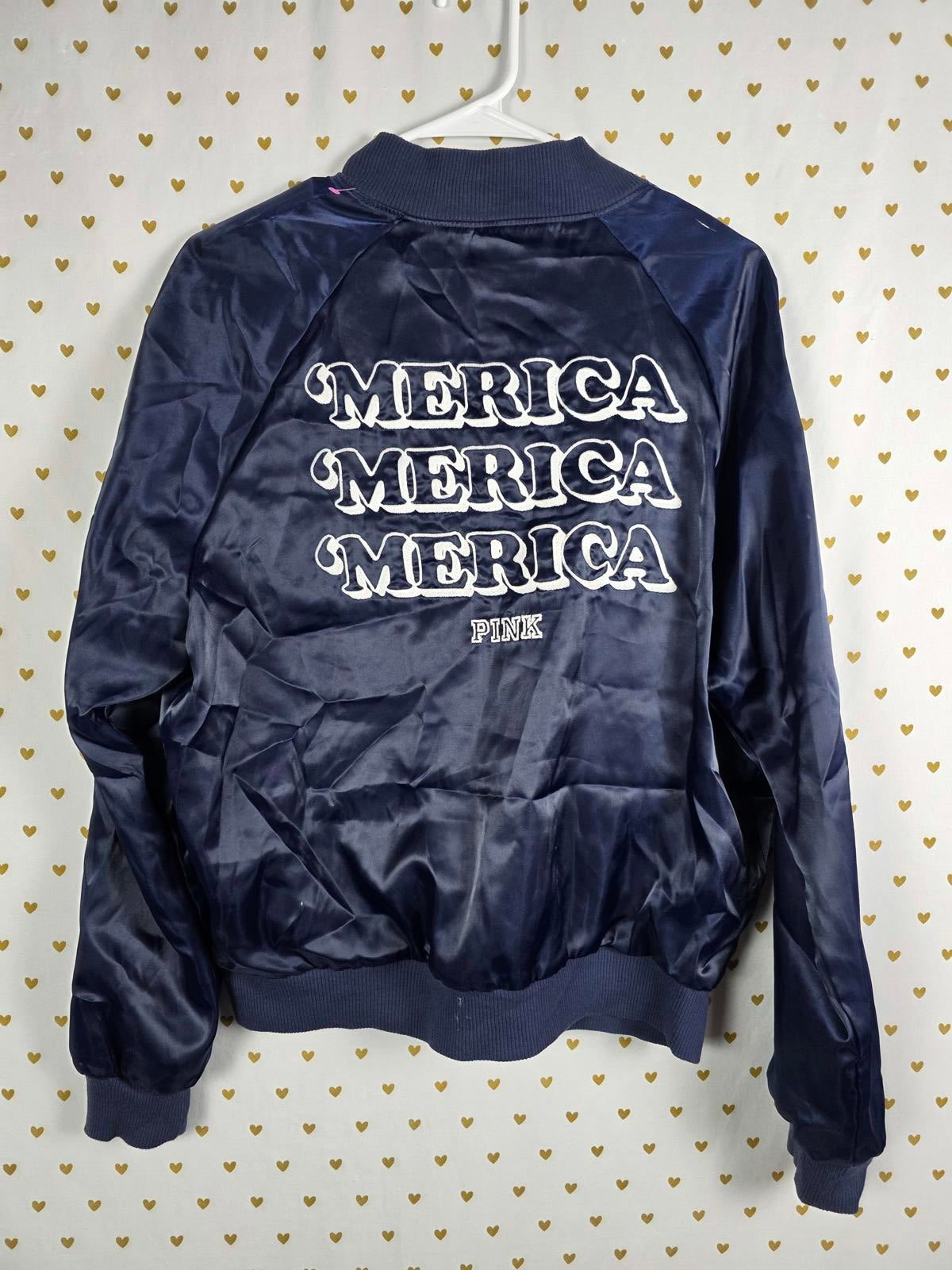 Victorias Secret Pink PATRIOTIC USA 'MERICA Bomber Jacket SATIN Medium