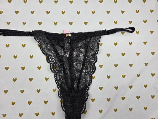 Victorias Secret VINTAGE Large Black BOW V String Thong Lace Panties