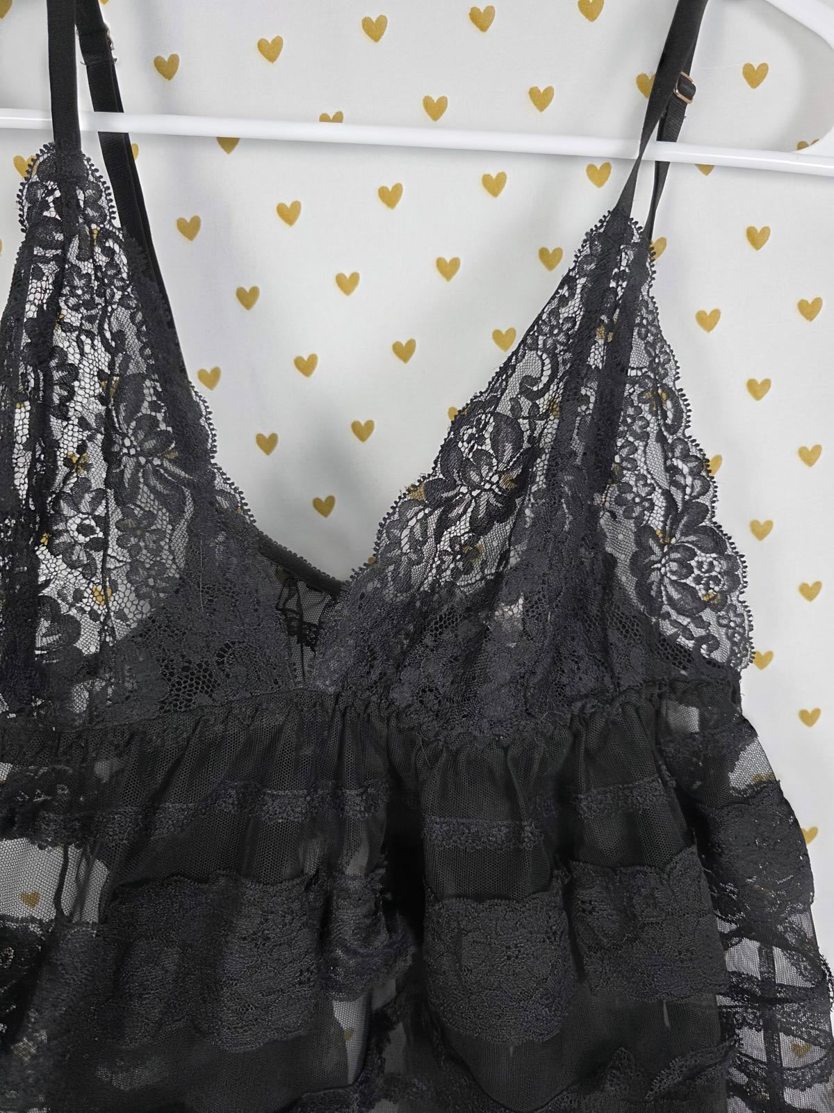 Victorias Secret Sheer Sexy Black babydoll Ruffled Open Lingerie LARGE