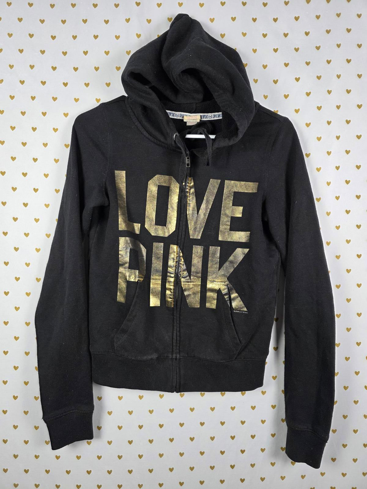 Victorias Secret Pink BLING GOLD CHEETAH Logo Hoodie Jacket Full Zip VTG XS