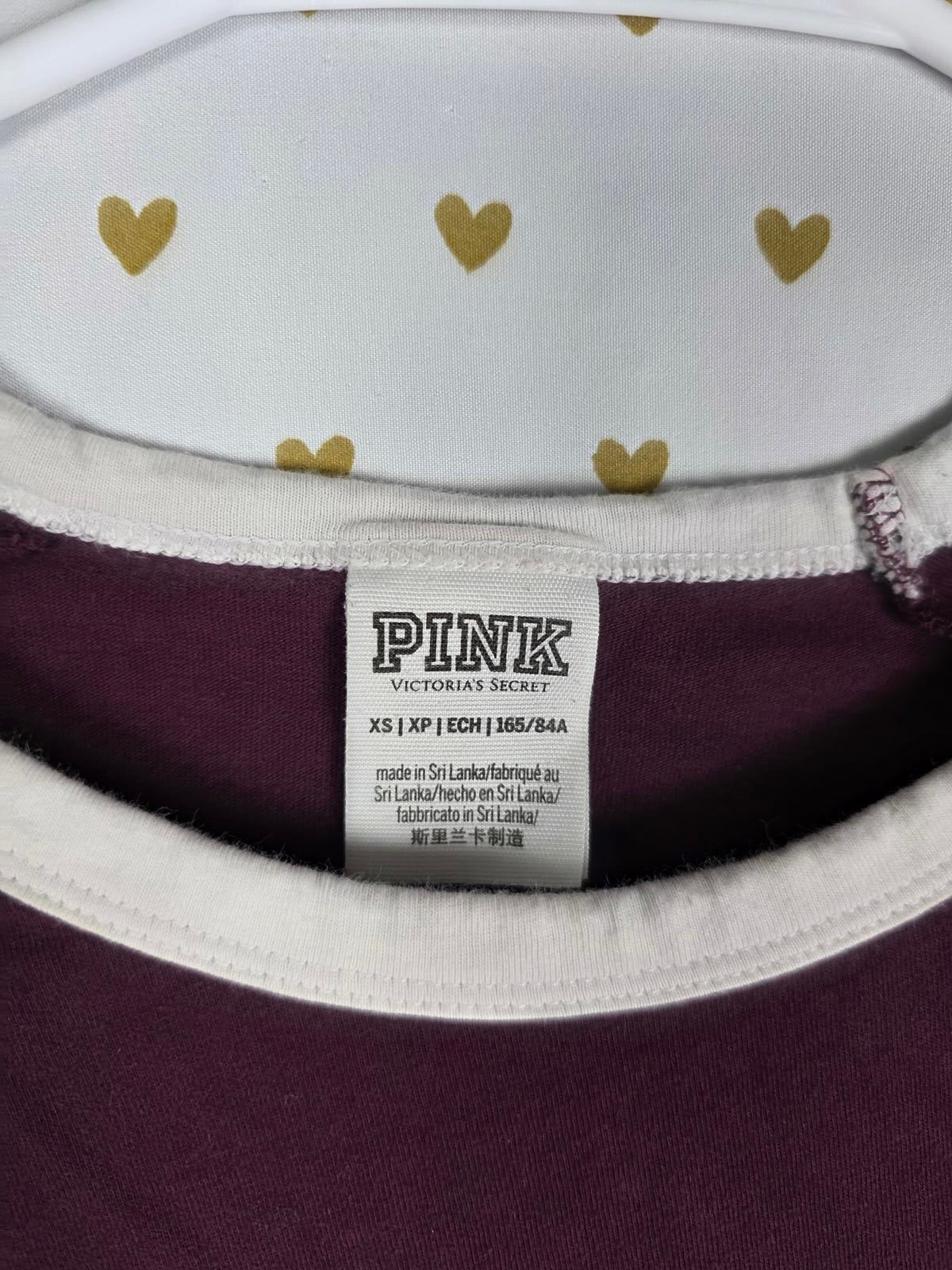Victorias Secret PINK Logo NATION Long sleeve Maroon Tee Shirt XS