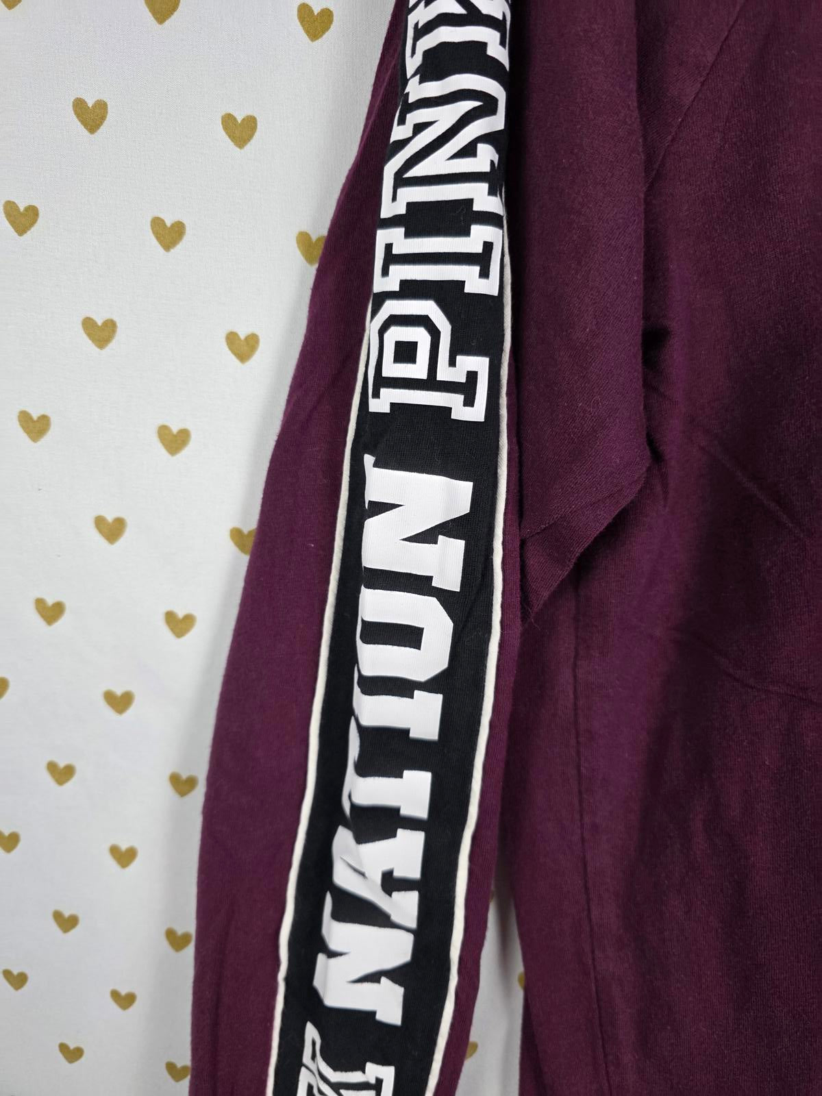 Victorias Secret PINK Logo NATION Long sleeve Maroon Tee Shirt XS
