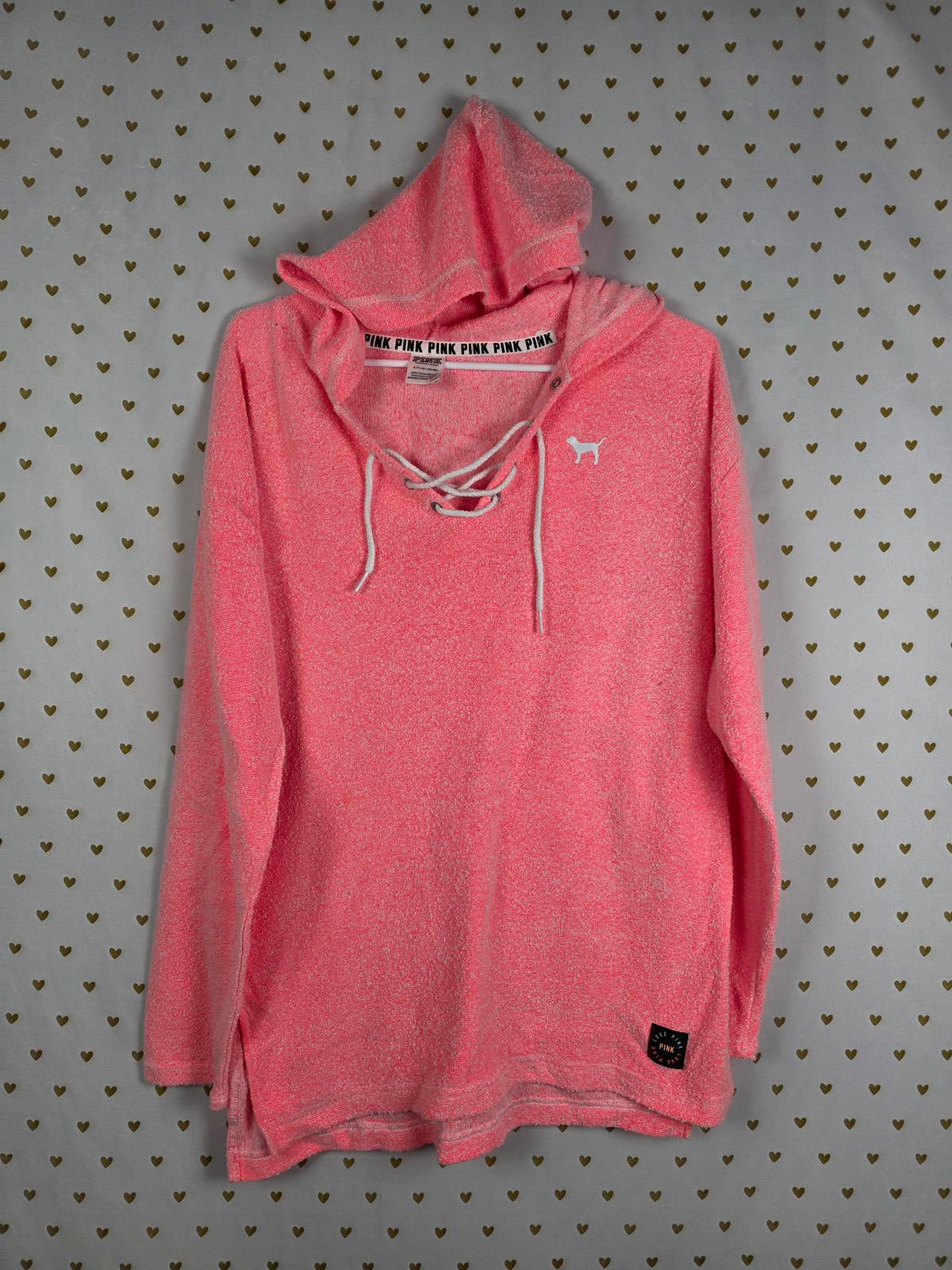 Victorias Secret Pink Fuzzy Boucle Hooded Neon Lace Up LOVE Sweater Shirt SMALL