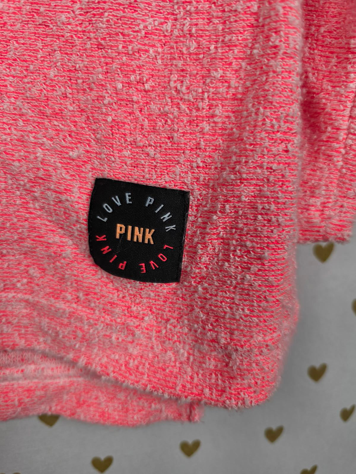 Victorias Secret Pink Fuzzy Boucle Hooded Neon Lace Up LOVE Sweater Shirt SMALL