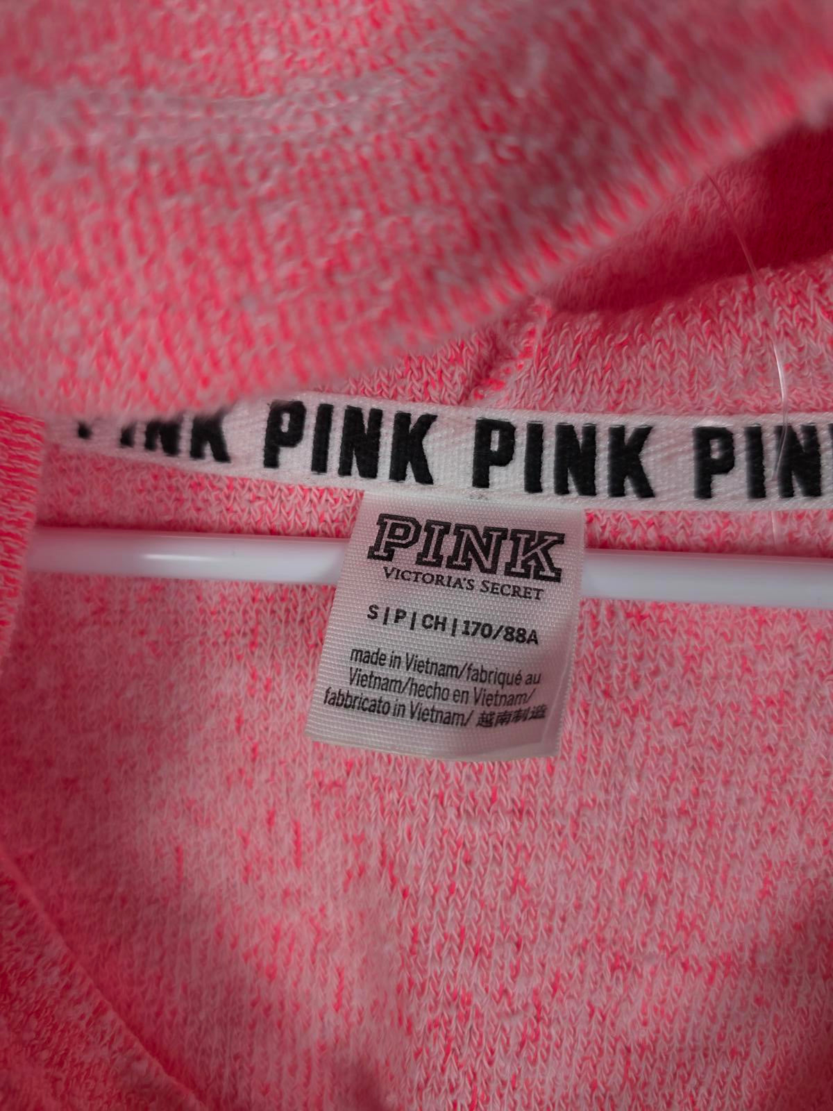 Victorias Secret Pink Fuzzy Boucle Hooded Neon Lace Up LOVE Sweater Shirt SMALL