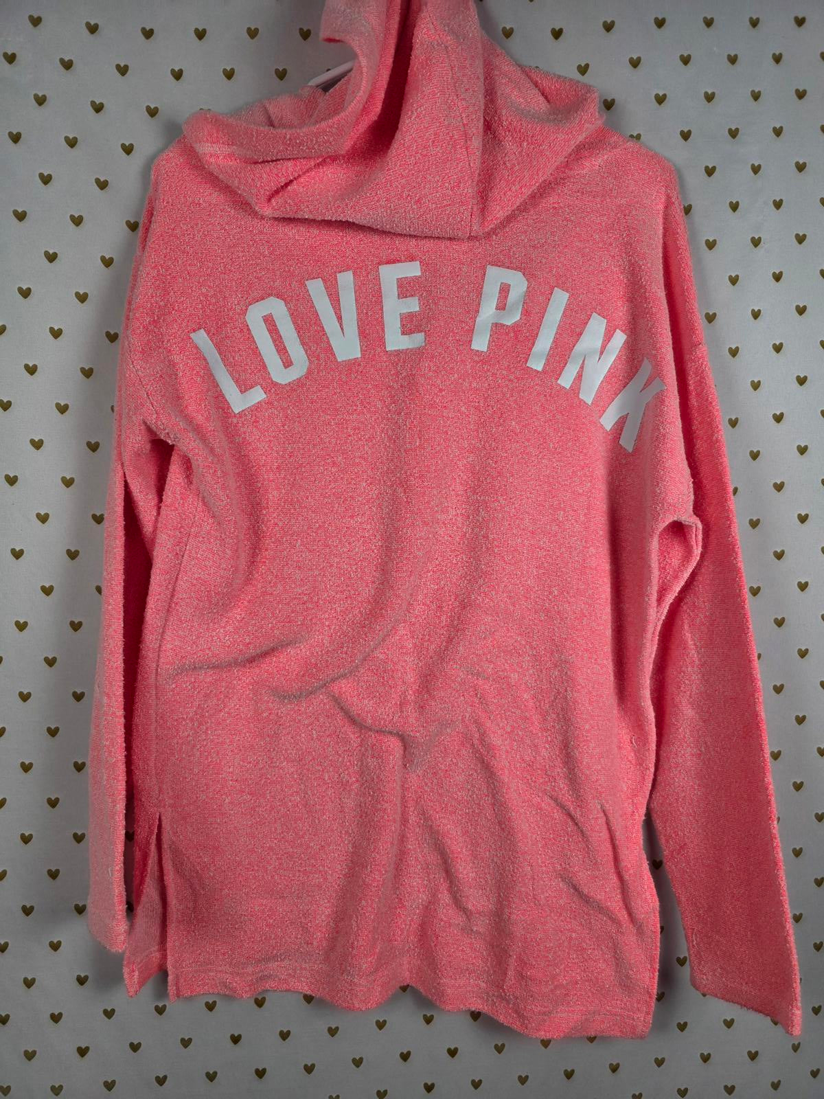 Victorias Secret Pink Fuzzy Boucle Hooded Neon Lace Up LOVE Sweater Shirt SMALL
