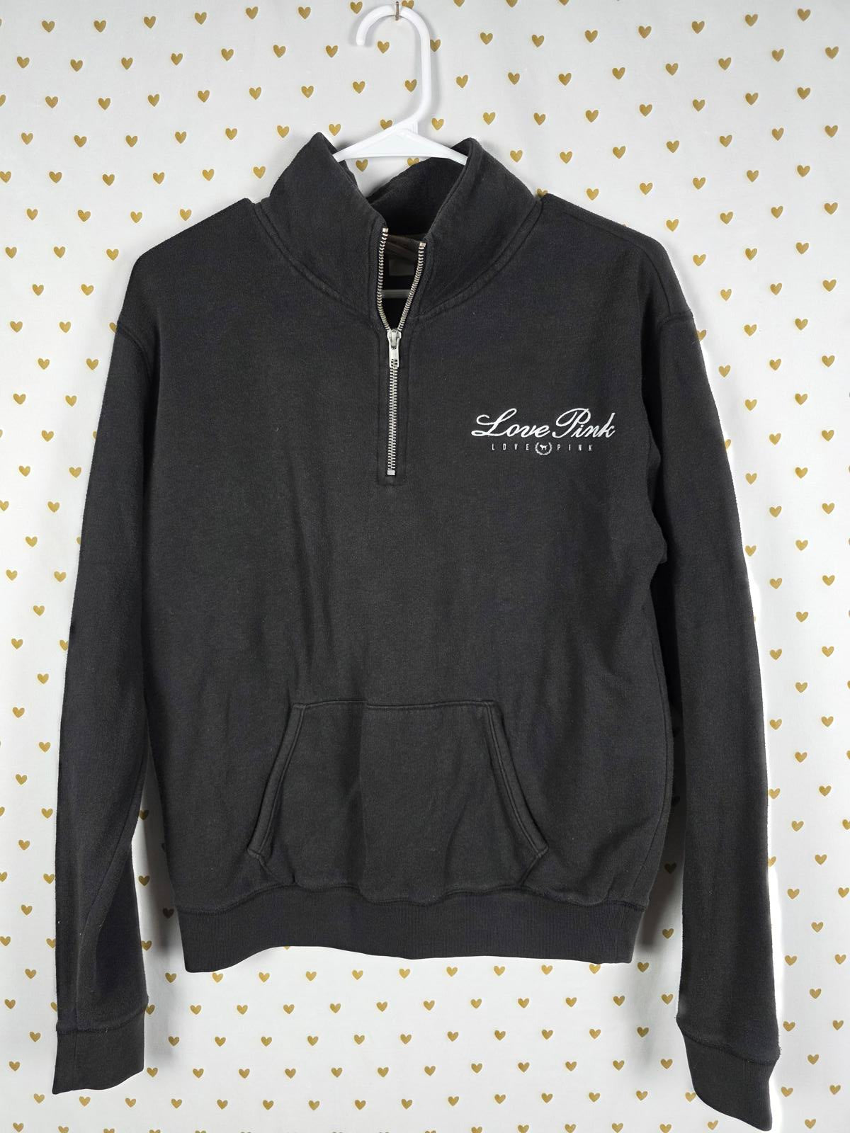 Victorias Secret Pink LOVE Y2K Quarter Zip Sweater Shirt Black  XS