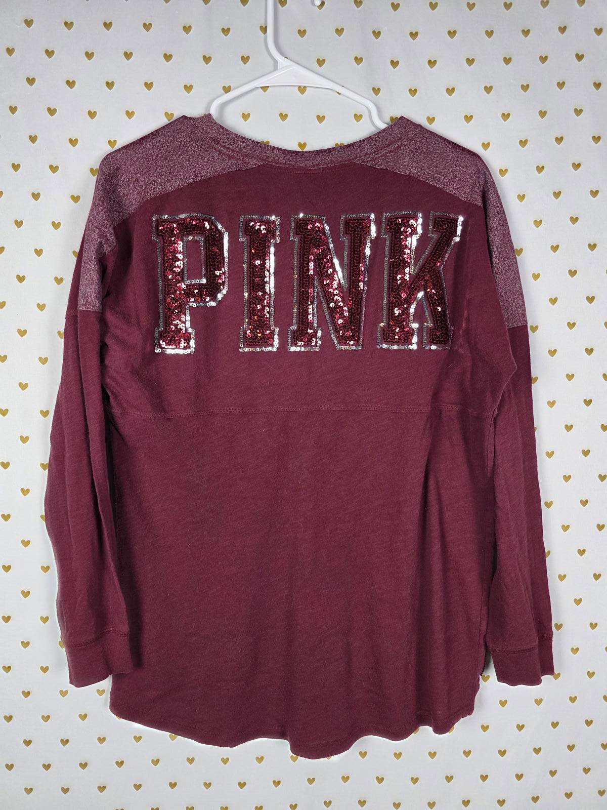 Victorias Secret PINK Maroon Long sleeve V Neck Tee Shirt Sequined SMALL