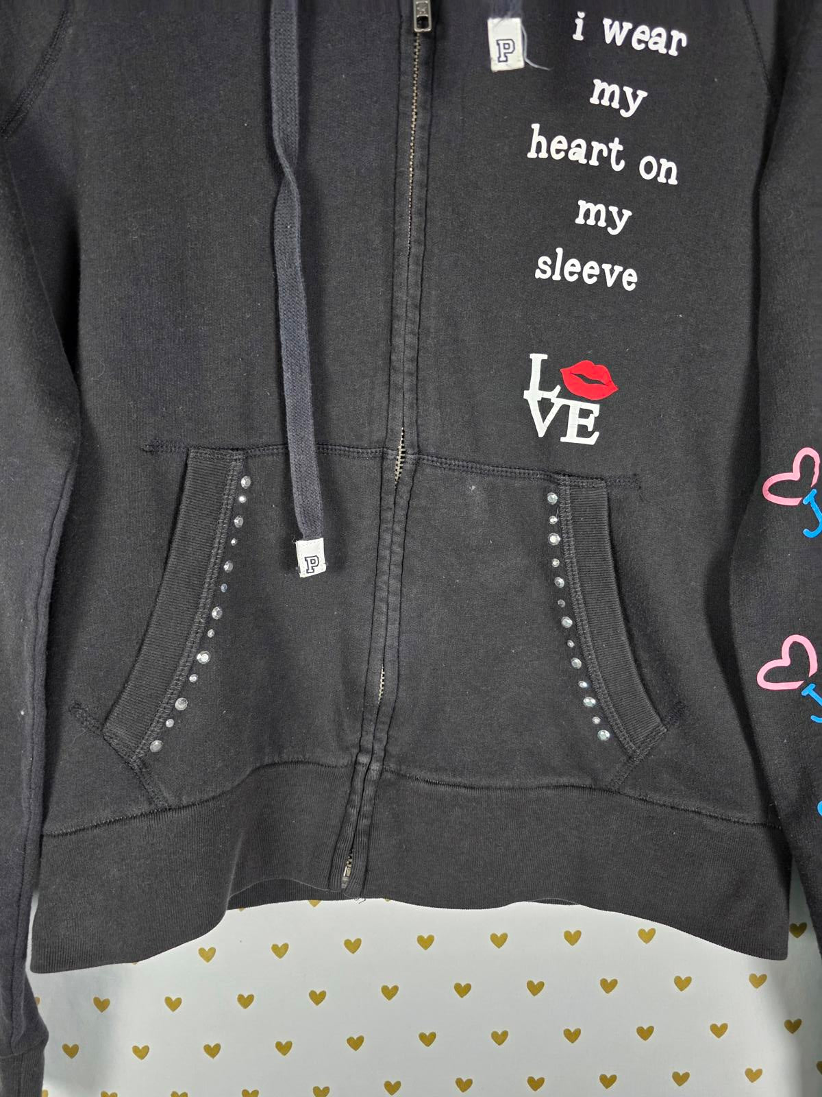 Victorias Secret Pink RARE PEACE HEART ON MY SLEEVE Hoodie Jacket Large