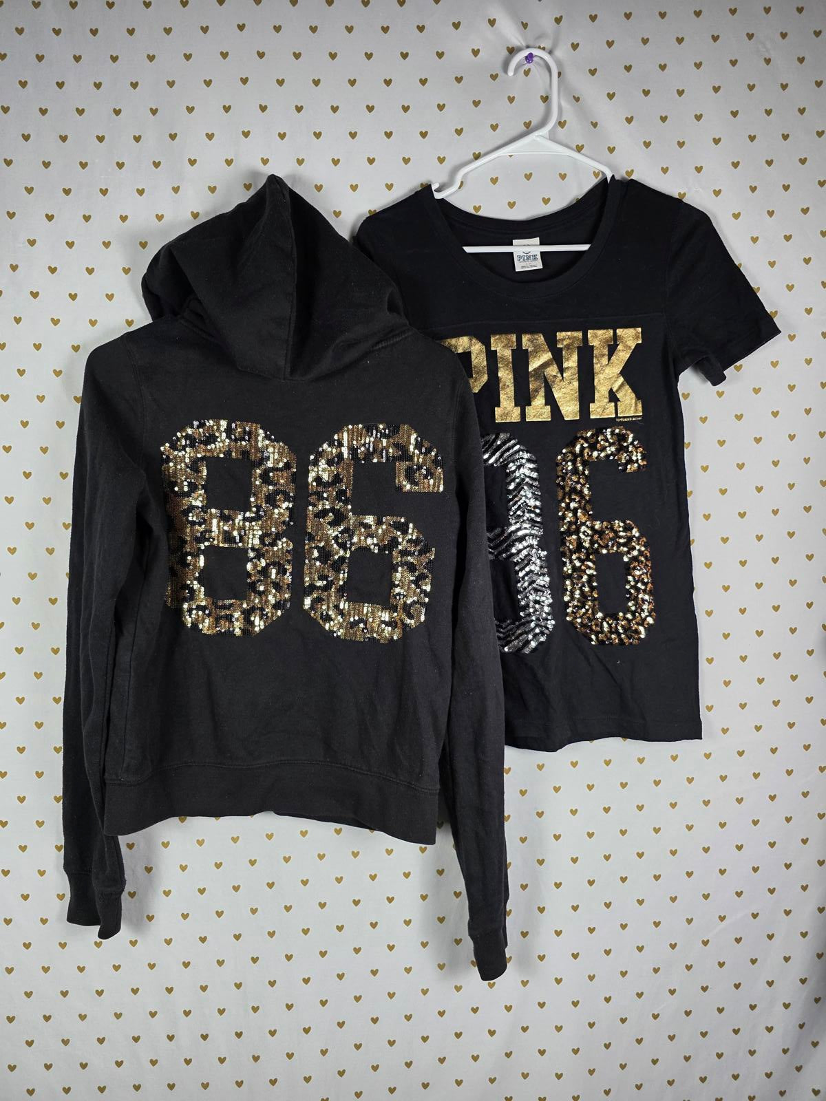 Victorias Secret Pink ANIMAL PRINT ZEBRA LEOPARD BLING SET Hoodie Tee Shirt Gold