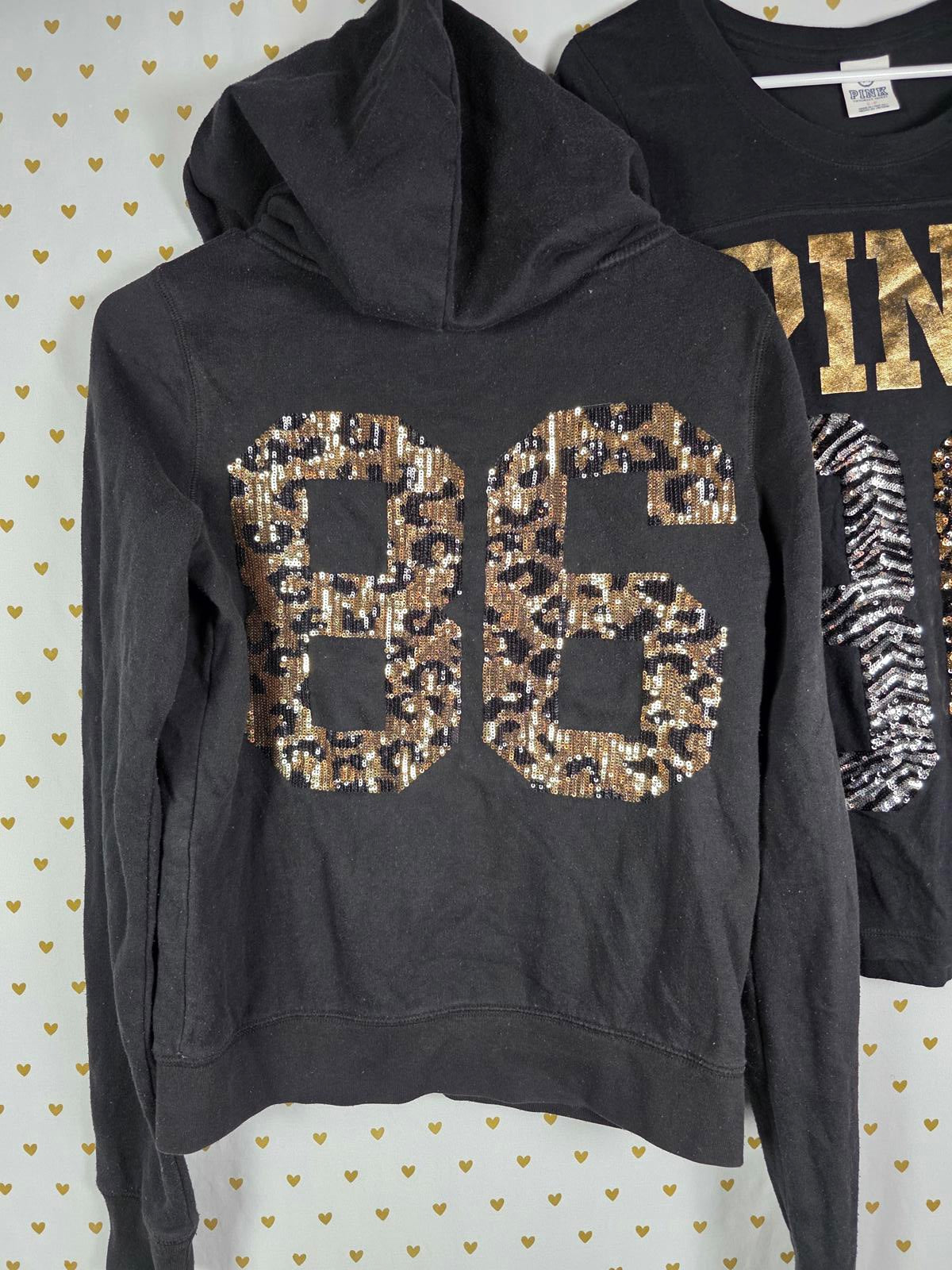 Victorias Secret Pink ANIMAL PRINT ZEBRA LEOPARD BLING SET Hoodie Tee Shirt Gold