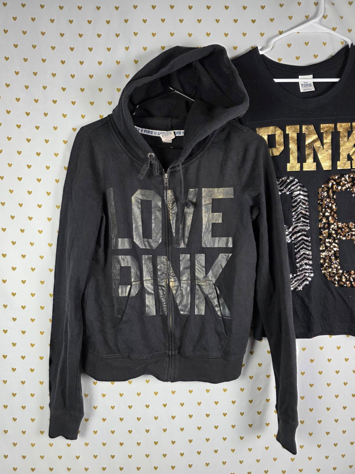 Victorias Secret Pink ANIMAL PRINT ZEBRA LEOPARD BLING SET Hoodie Tee Shirt Gold