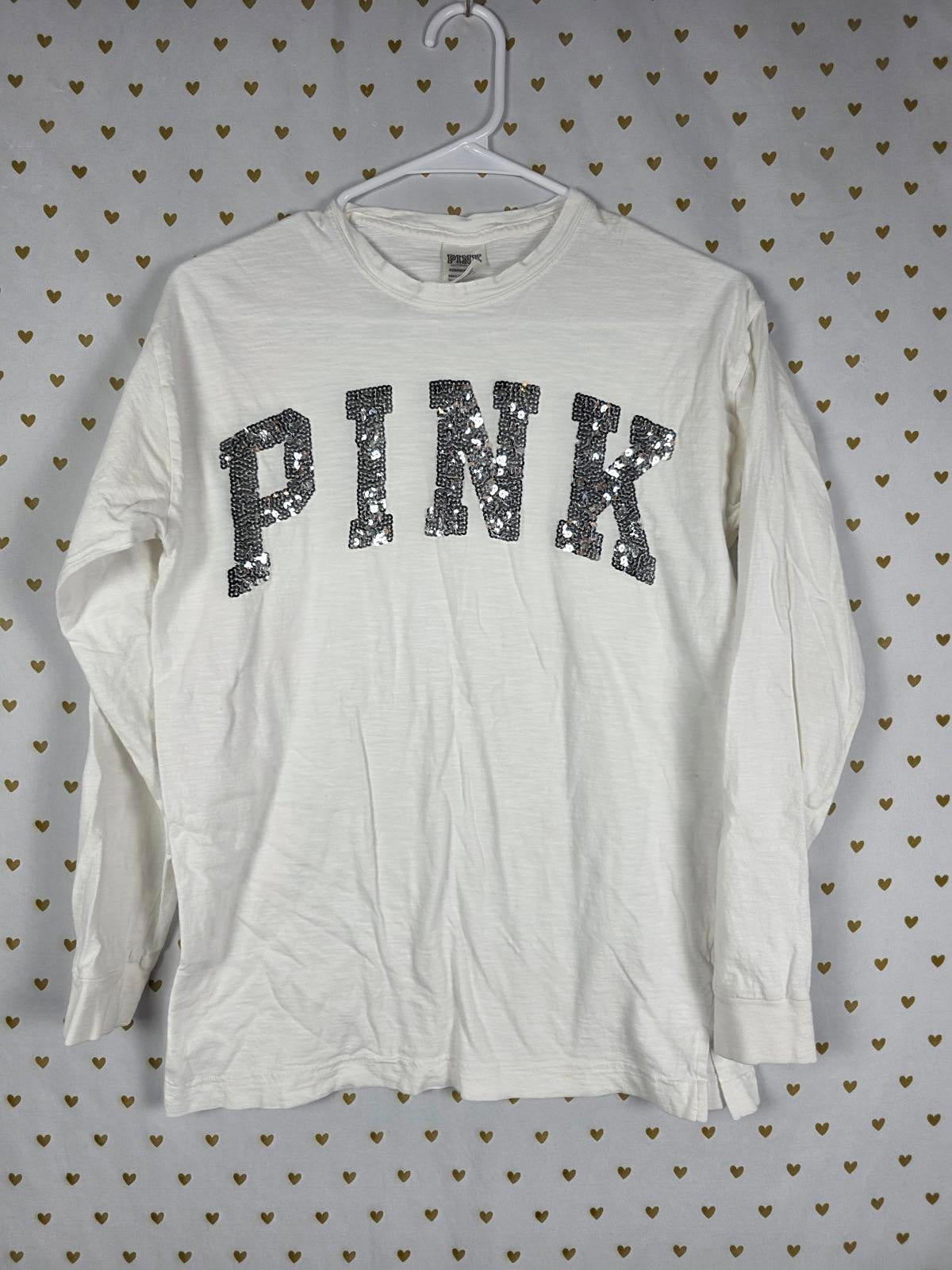 Victorias Secret PINK White Long Sleeve Bling Sequined Tee Shirt WHITE XS