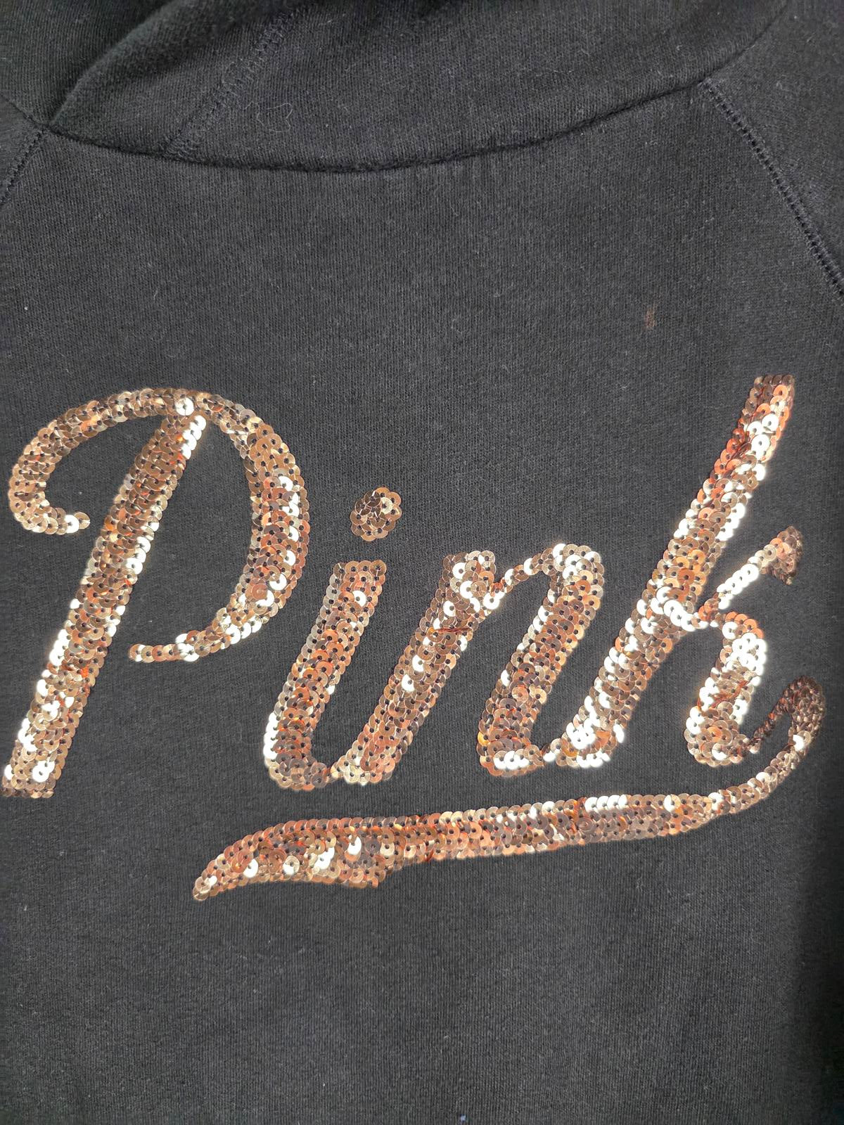 Victorias Secret Pink Rose Gold BLING Logo Pullover Oversized Sweater Top SMALL