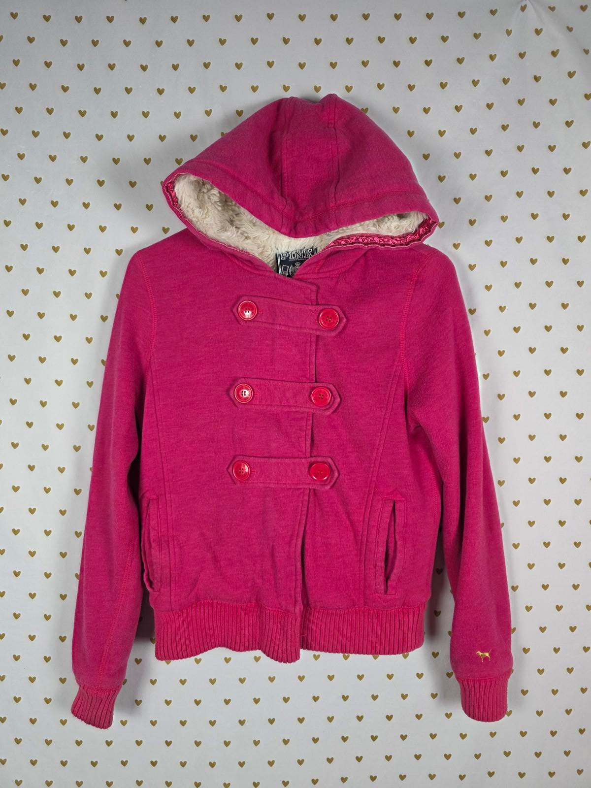 Victorias Secret Pink GRAIL FUR Lined LOVE Hoodie Double Breasted Y2K VTG jacket