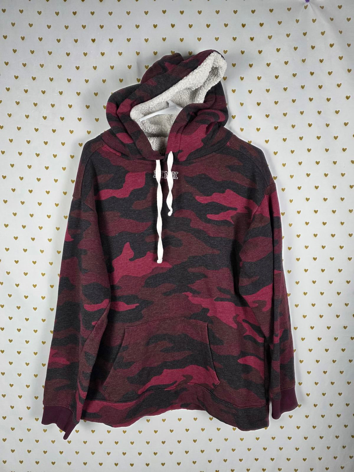 Victorias Secret Pink Red Camo Camouflage BLING SEQUINED Sherpa Hoodie Sweater L