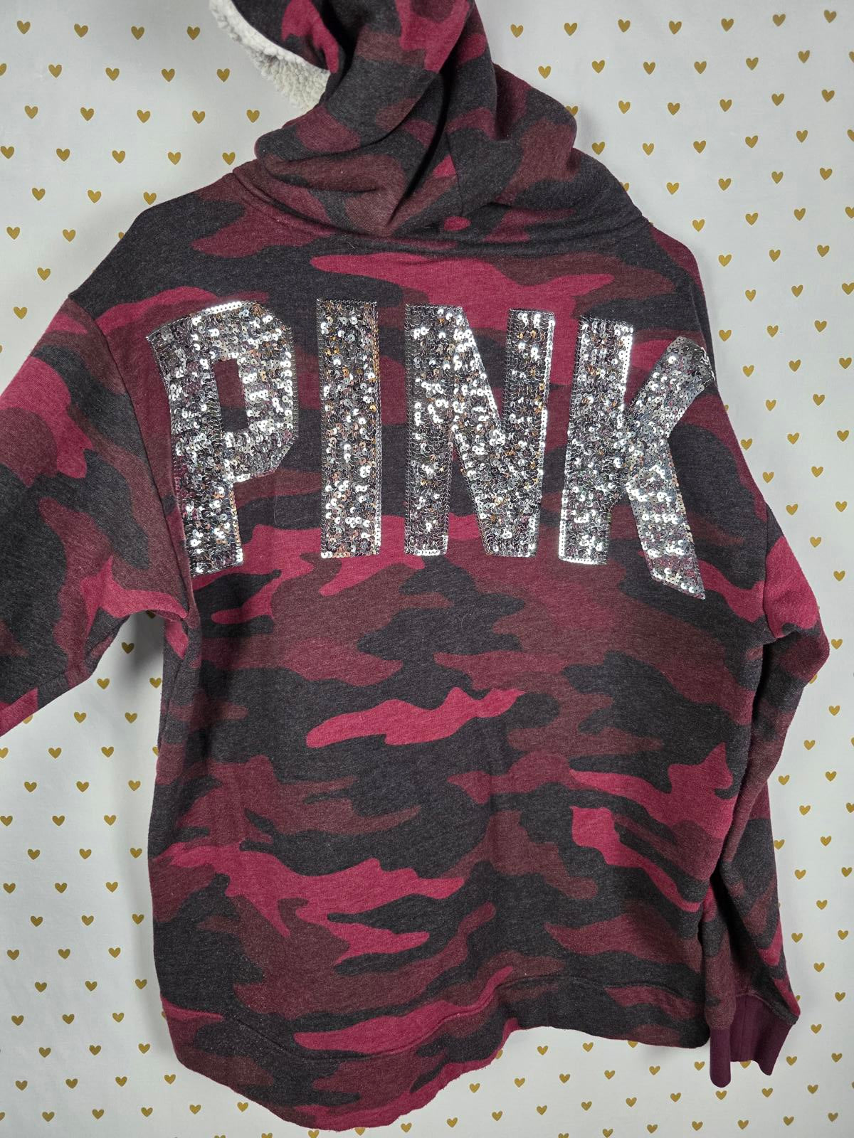 Victorias Secret Pink Red Camo Camouflage BLING SEQUINED Sherpa Hoodie Sweater L