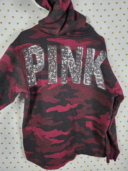 Victorias Secret Pink Red Camo Camouflage BLING SEQUINED Sherpa Hoodie Sweater L