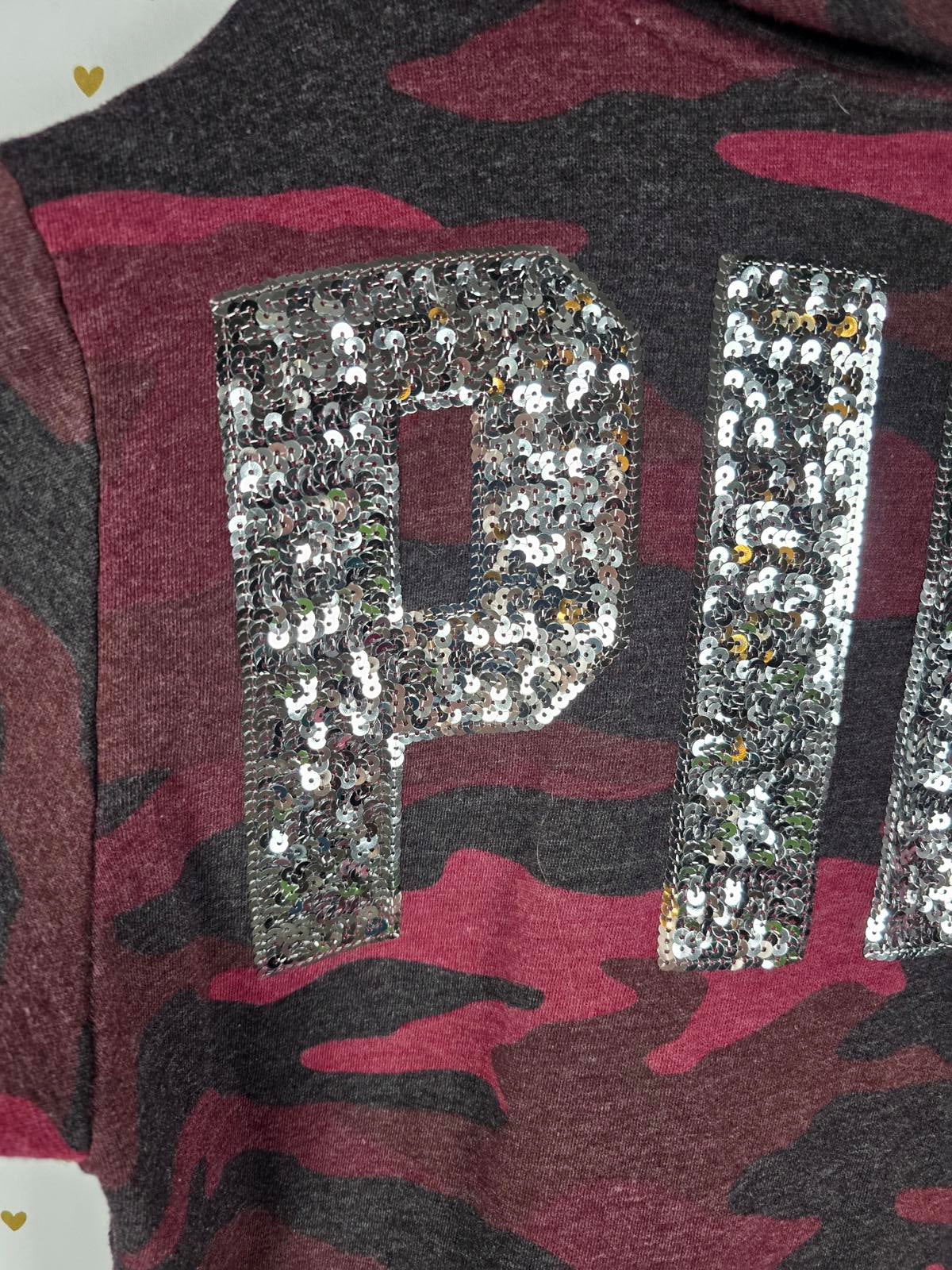 Victorias Secret Pink Red Camo Camouflage BLING SEQUINED Sherpa Hoodie Sweater L