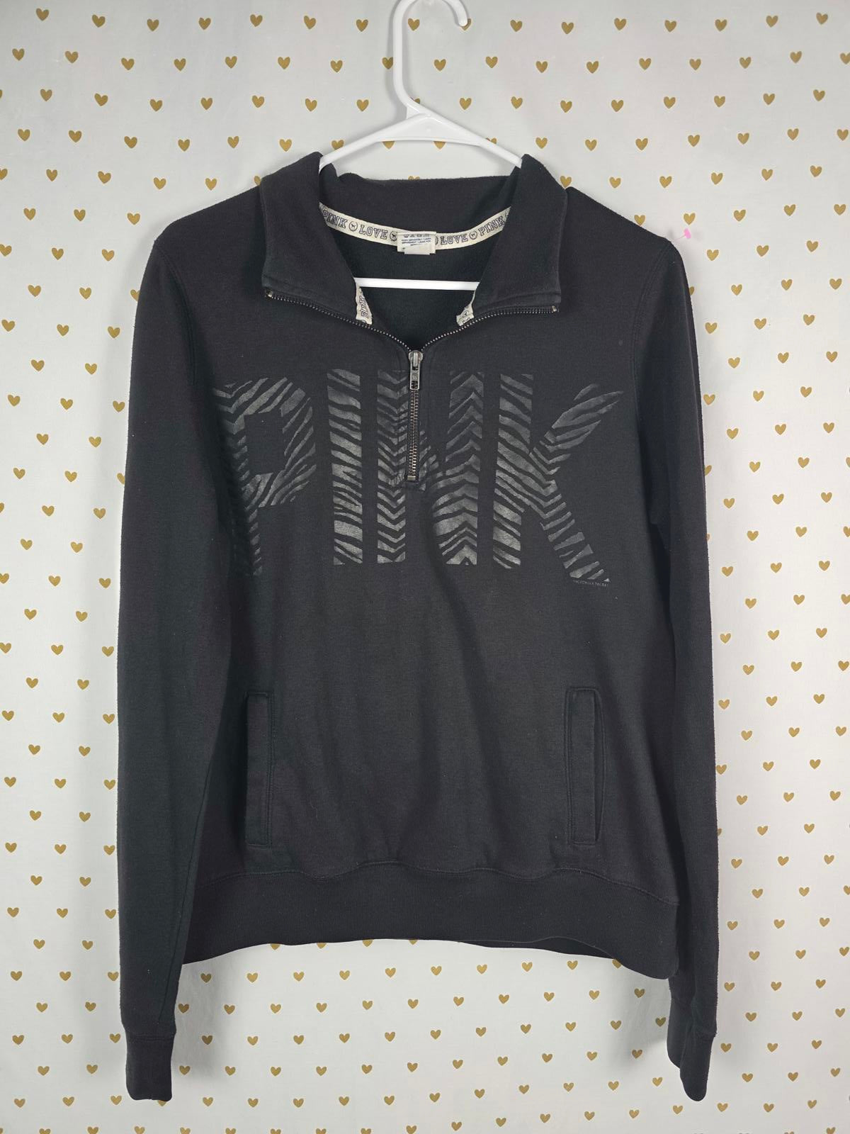Victorias Secret Pink ZEBRA AnimaL Print VINTAGE Y2k Quarter Zip Sweater Shirt M