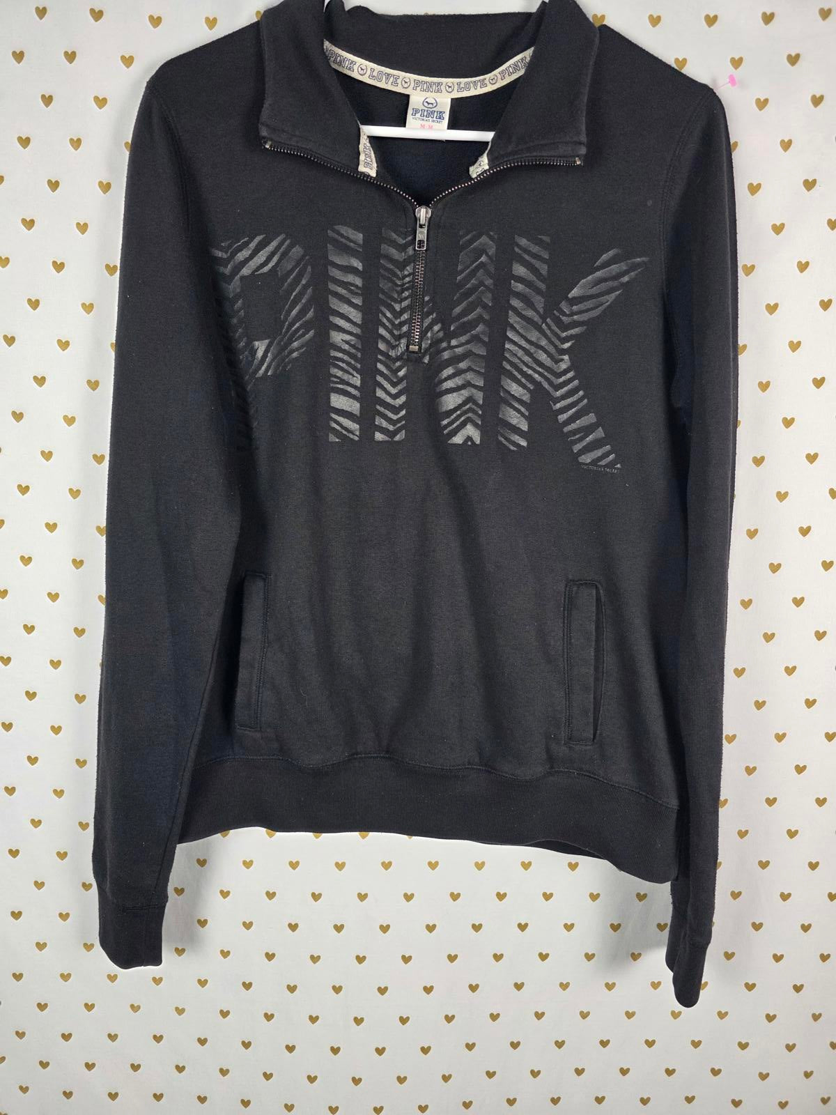 Victorias Secret Pink ZEBRA AnimaL Print VINTAGE Y2k Quarter Zip Sweater Shirt M