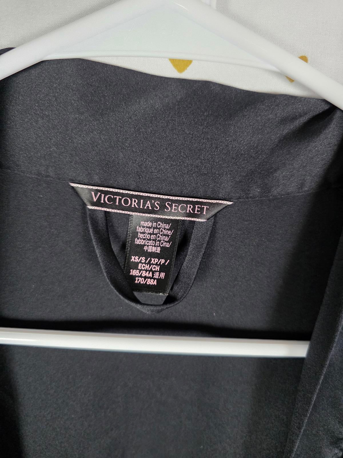 Victorias Secret Satin Silky Robe Black Pockets Beige Belt XS SMALL Kimono Wrap
