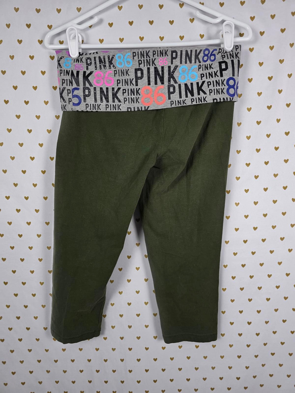 Victorias Secret PINK GREEN VTG Capri Foldover Yoga Pants Bling Studded MED
