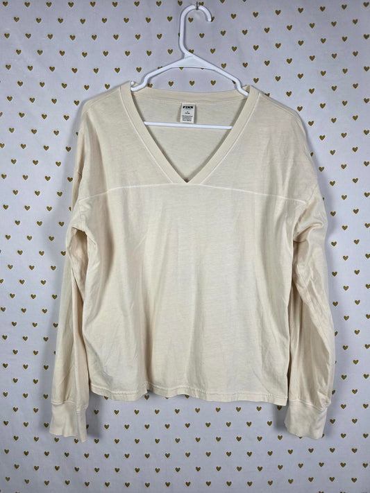 Victorias Secret PINK V neck Logo Tee shirt Long Sleeve cream MEDIUM
