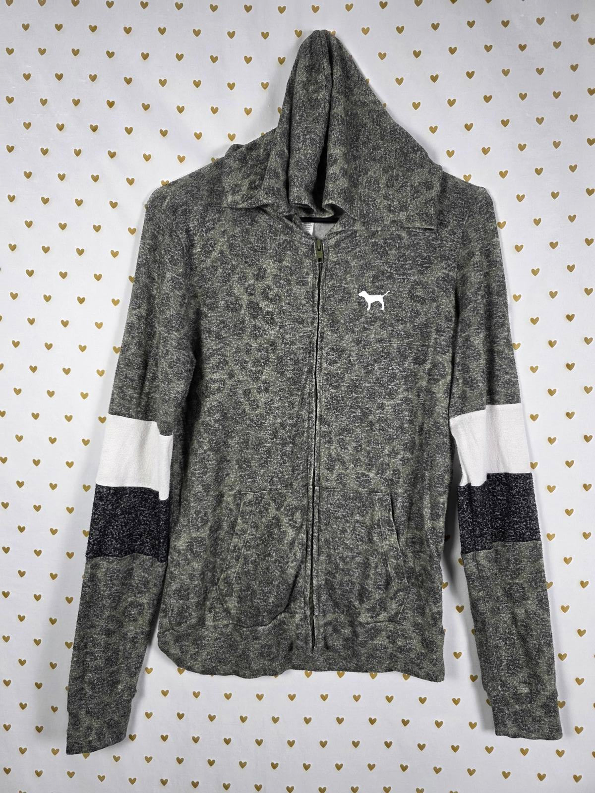 Victorias Secret Pink Cheetah Leopard Full zip Thin Hoodie Sweater Jacket XS