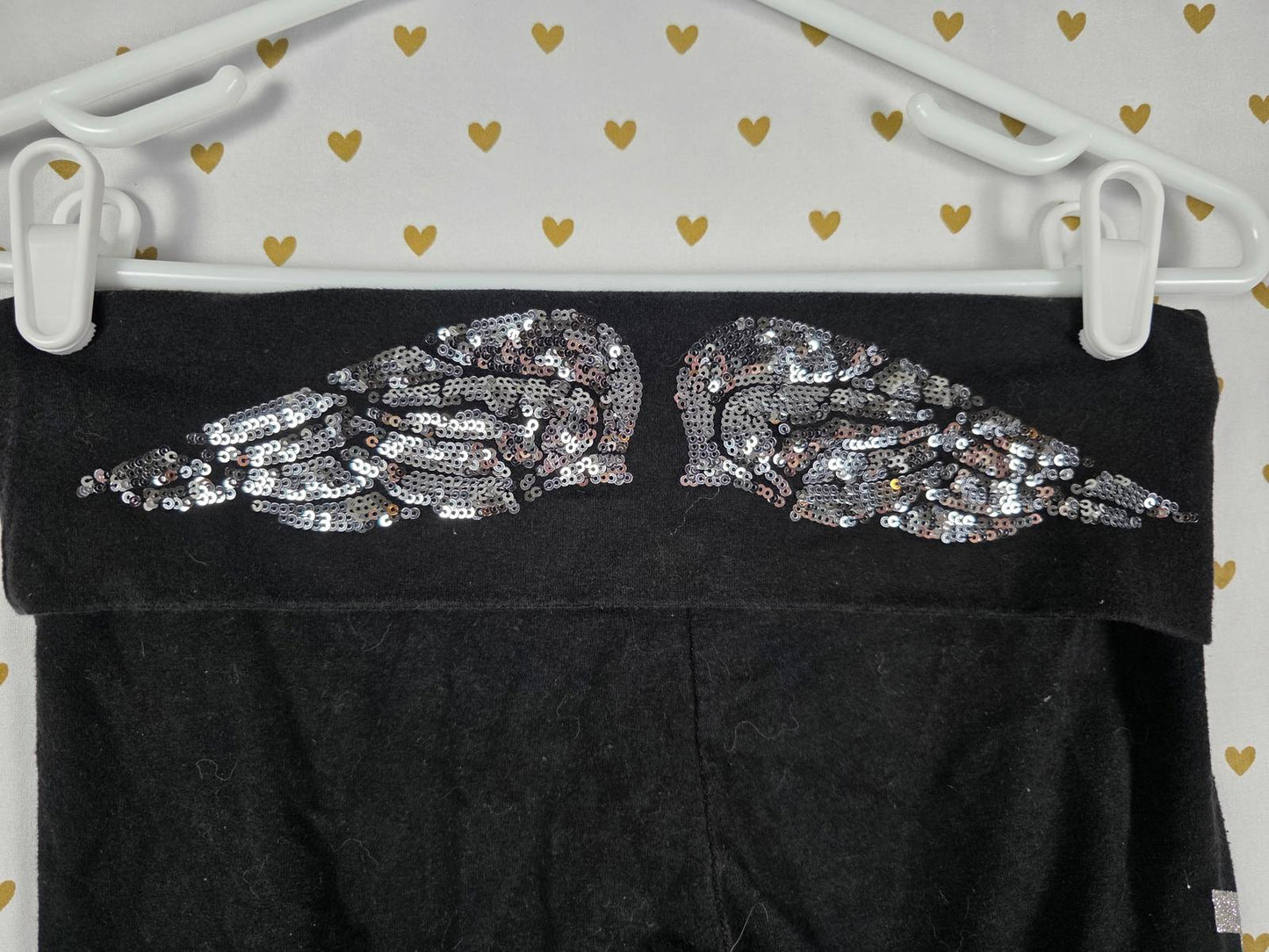 VICTORIAS SECRET ANGEL WINGS Sequin Glitter Capri xs Legging Black FOLDOVER Yoga