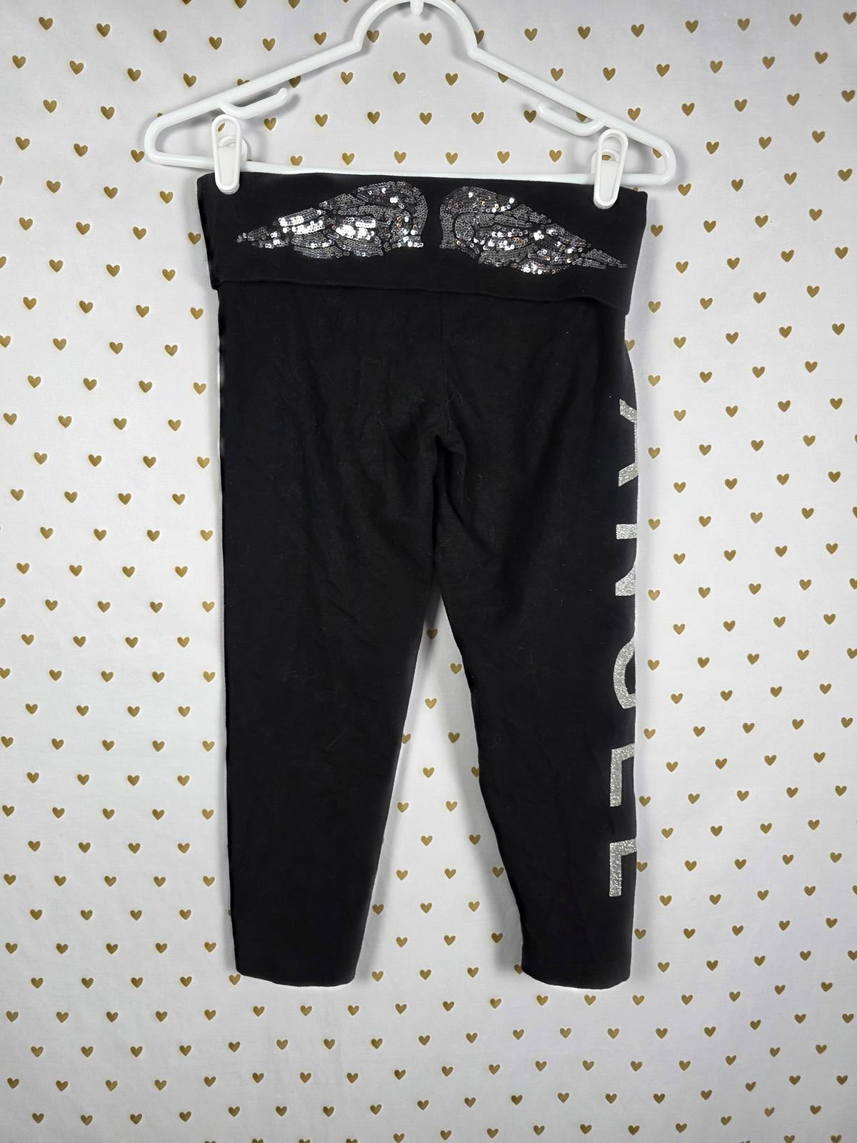 VICTORIAS SECRET ANGEL WINGS Sequin Glitter Capri xs Legging Black FOLDOVER Yoga
