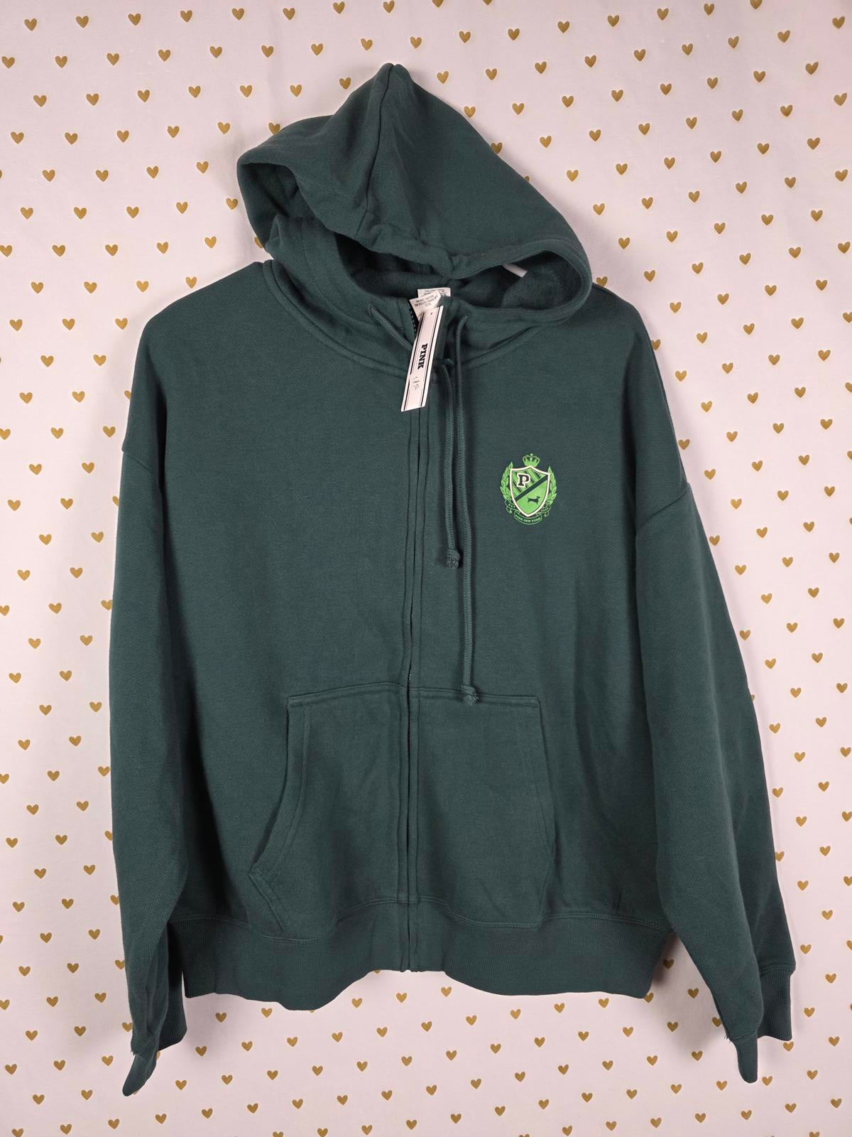 Victorias Secret Pink GREEN NEW NWT Full Zip Hoodie Jacket SMALL Crest Varsity