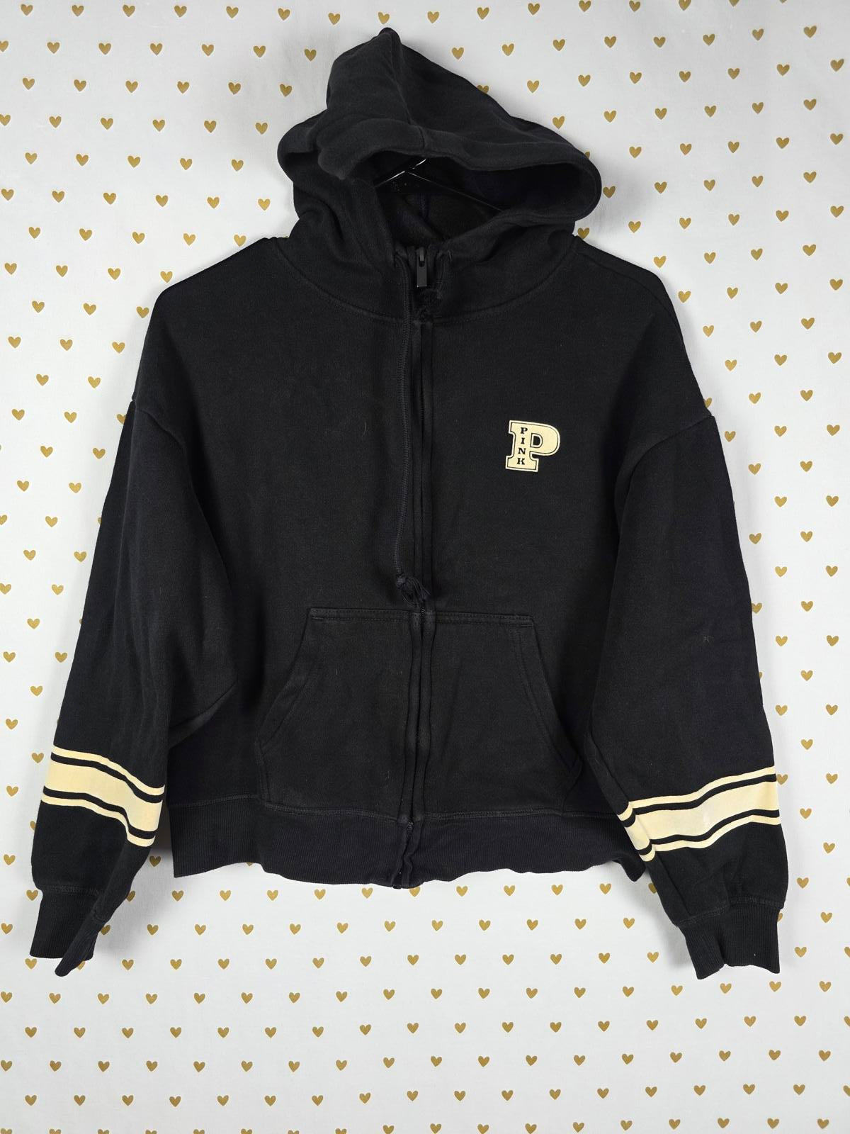 Victorias Secret Pink Logo Hoodie Jacket XS Oversized Black Full Zip