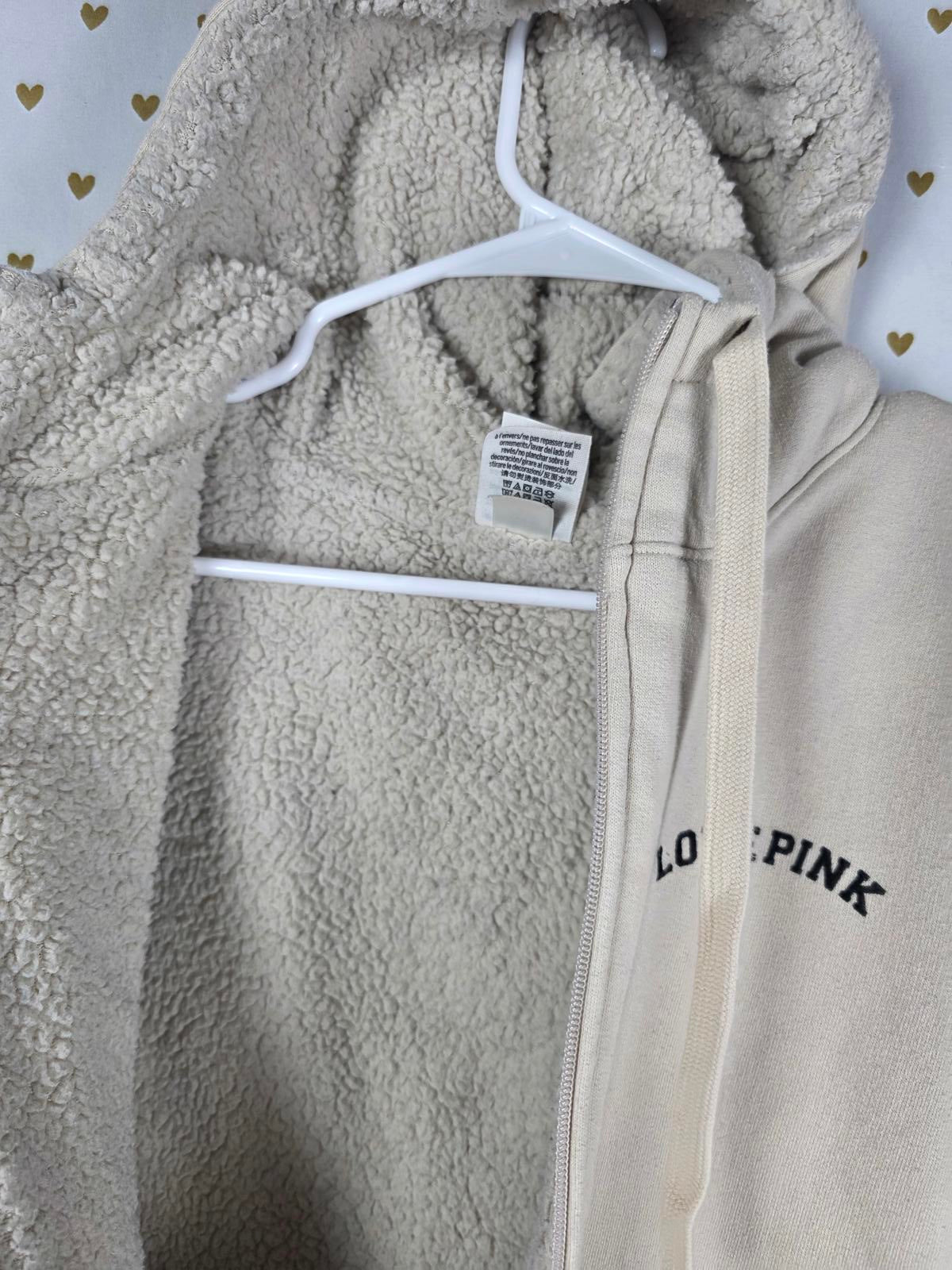 Victorias Secret Pink Sherpa Lined Fur Full Zip Jacket LOVE Beige LARGE