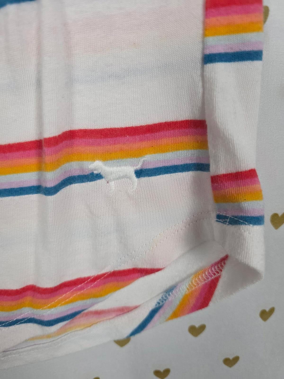 Victorias Secret PINK Rainbow Stripe Tee shirt Dog Logo Embroidered  XS