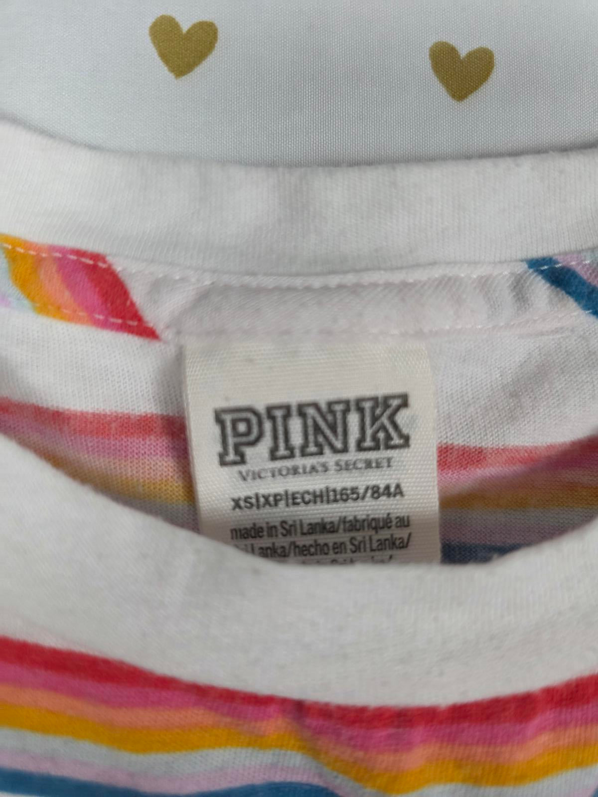 Victorias Secret PINK Rainbow Stripe Tee shirt Dog Logo Embroidered  XS