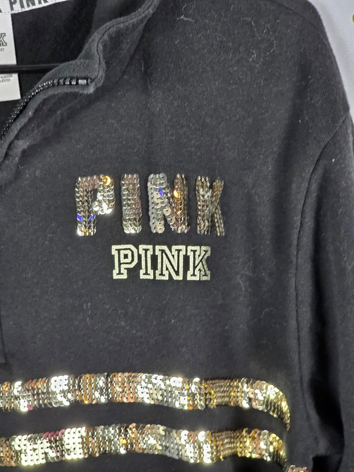 Victorias Secret Pink BLING Quarter Zip Gold Bling Long sleeve sweater shirt MED